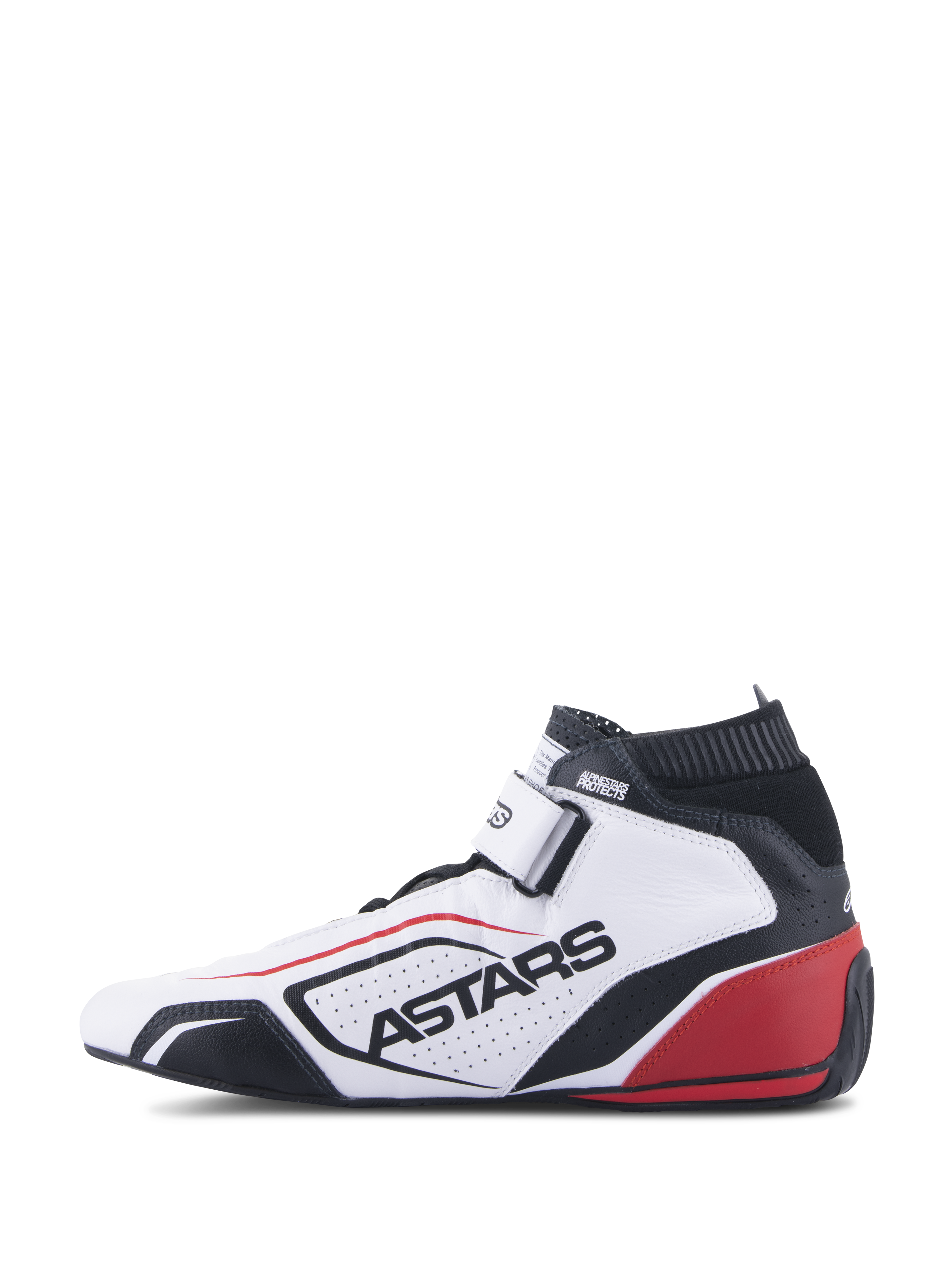 Alpinestars Tech-1 T V3 Shoes FIA, professional auto racing footwear, White Black and Red, profile view featuring ASTARS branding on perforated leather, black fireproof collar, and red heel highlights, performance motorsport design.