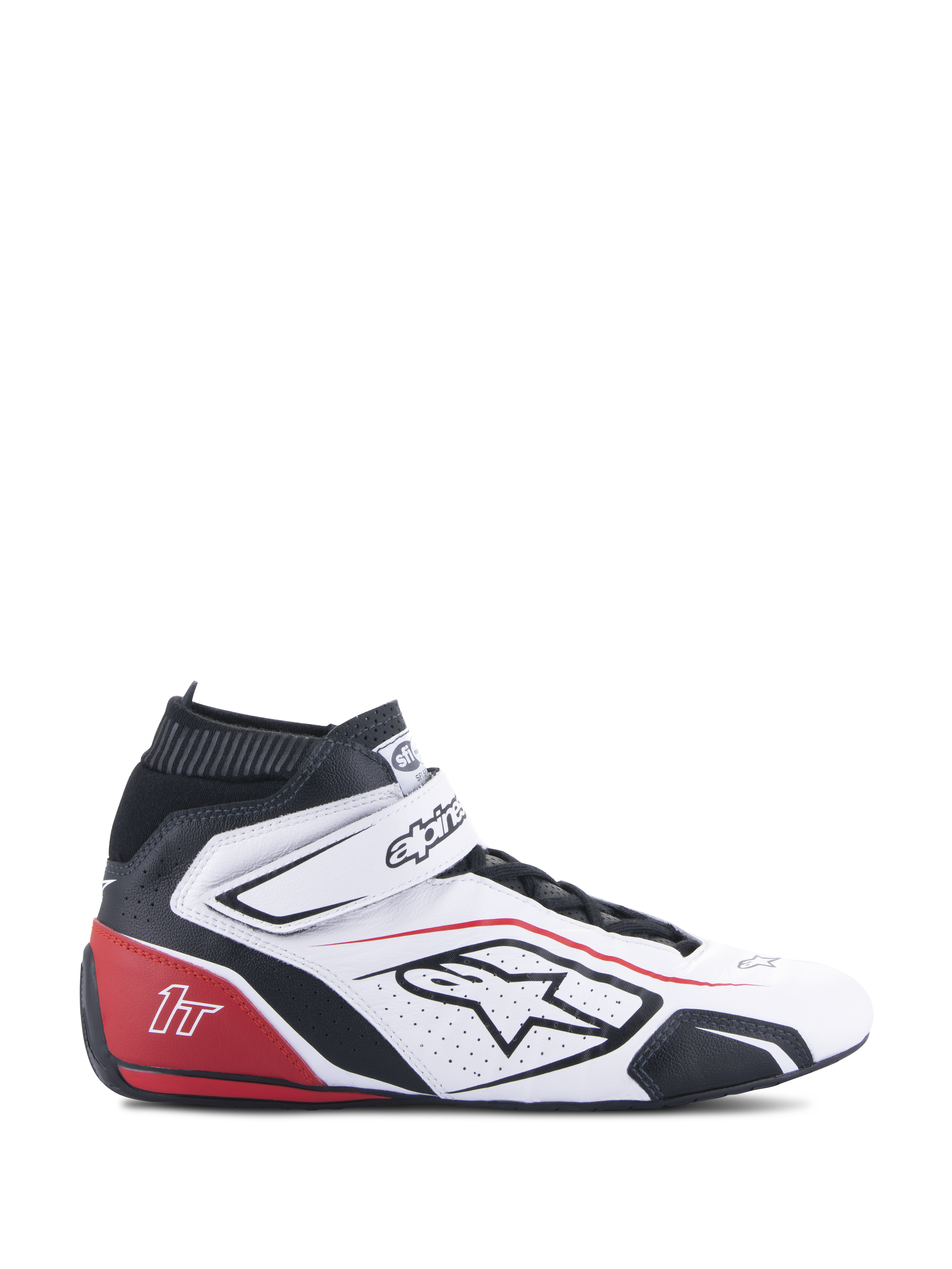 Alpinestars Tech-1 T V3 Shoes FIA, Auto Racing Shoes, White Black and Red, side profile view, high-top leather design with perforated panels, red heel section with 1T logo, black elastic ankle cuff, adjustable strap closure, professional motorsport footwear