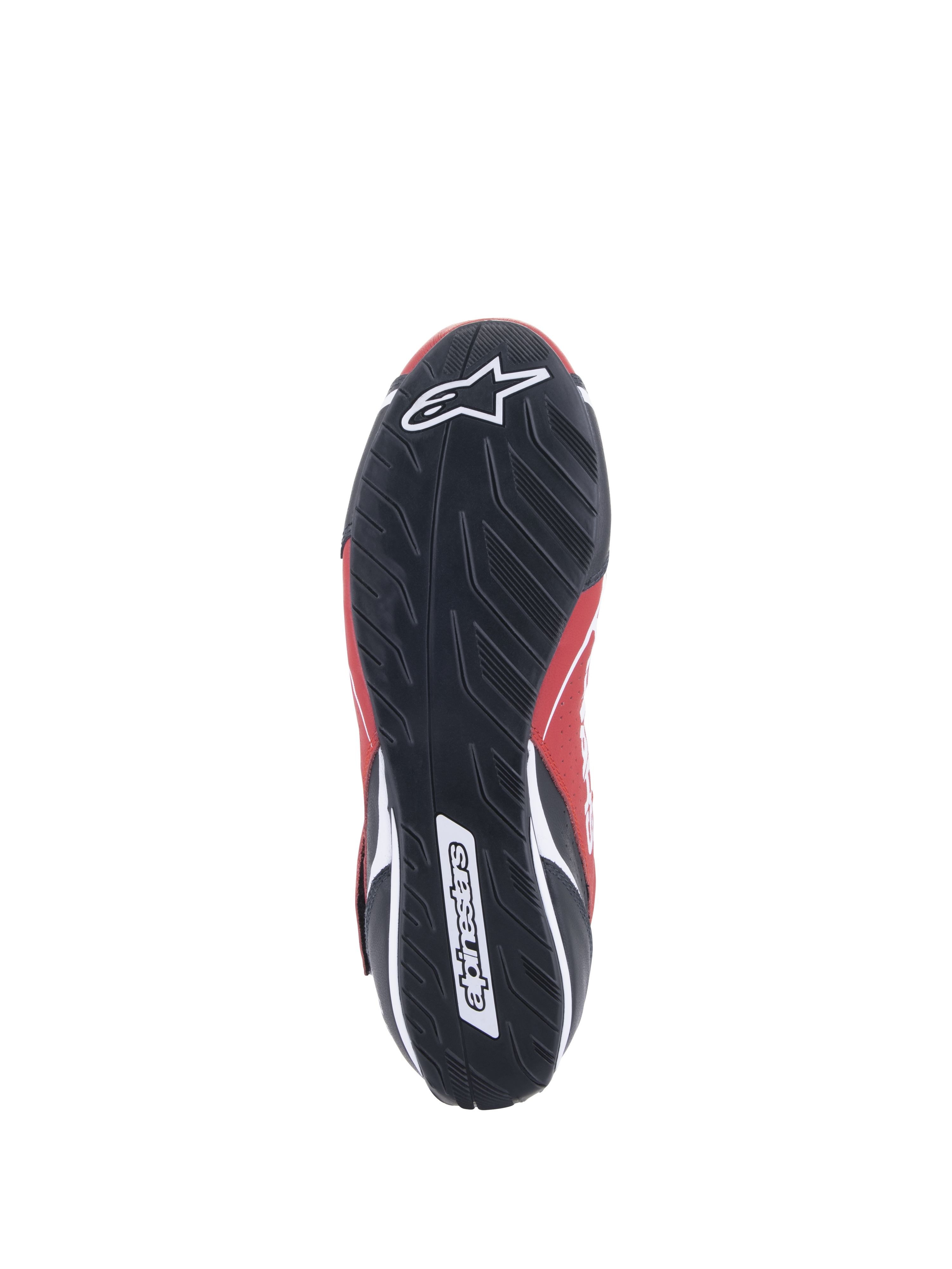 Alpinestars Tech-1 T V3 Shoes FIA, Auto Racing Shoes, Red Black and White, bottom view of the black rubber sole featuring an asymmetric tire tread pattern and white Alpinestars branding