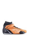 Alpinestars Tech-1 T V3 FIA Racing Shoes, Orange Fluo and Black, High-Top Motorsport Footwear with white accents and Velcro ankle strap, Perforated leather for breathability, side view of professional auto racing gear