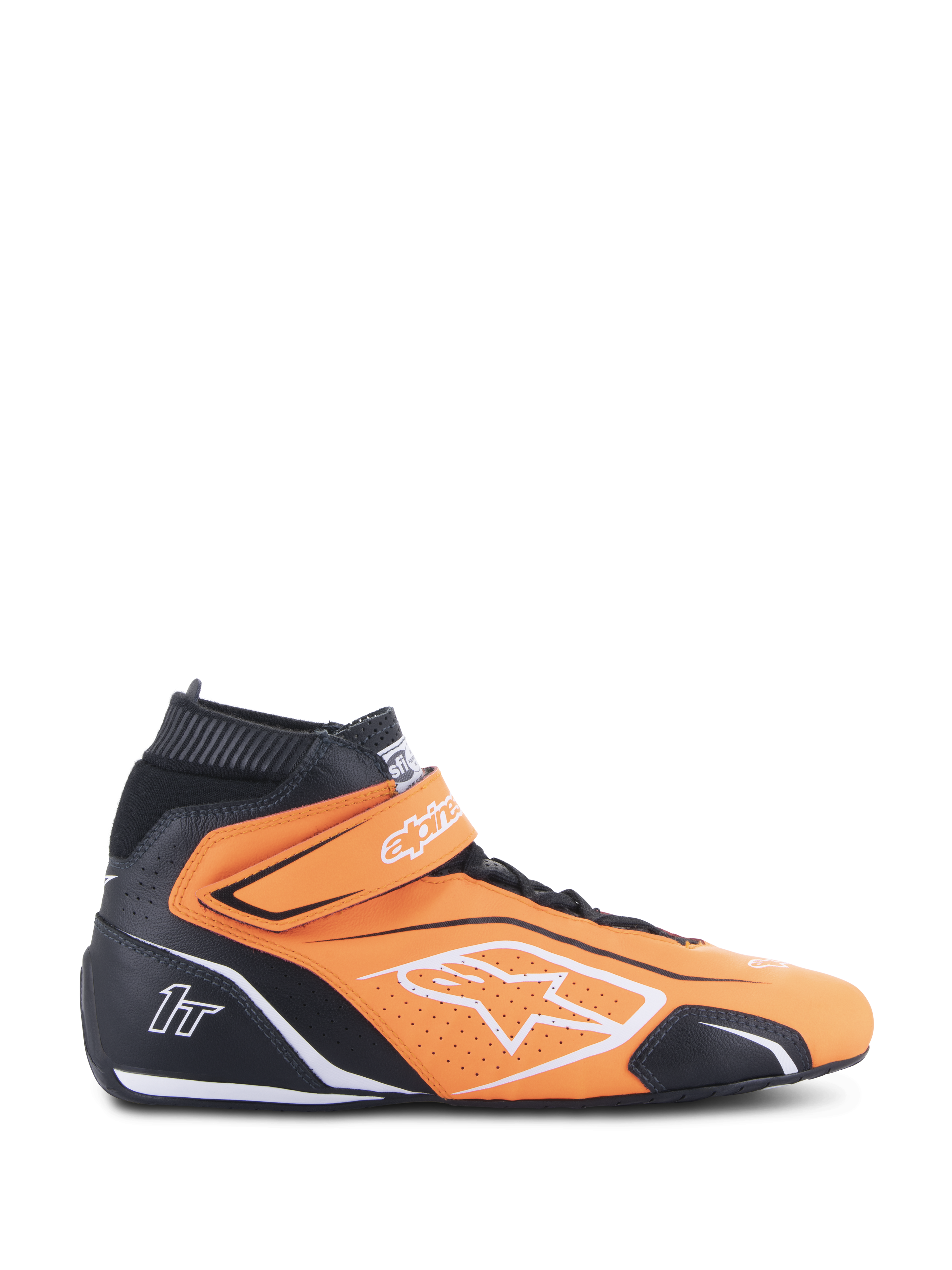 Alpinestars Tech-1 T V3 FIA Racing Shoes, Orange Fluo and Black, High-Top Motorsport Footwear with white accents and Velcro ankle strap, Perforated leather for breathability, side view of professional auto racing gear