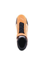 Alpinestars Tech-1 T V3 Shoes, Auto Racing Shoes, Orange Fluo Black and White, top-down view showing lace closure and hook-and-loop strap, white Alpinestars logo on toe, perforated leather panels and black fireproof collar