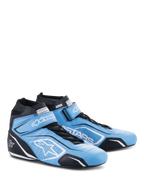 Alpinestars Tech-1 T V3 Shoes FIA, Auto Racing Shoes, Light Blue Black and White, bovine leather construction with hook and loop strap and lace closure, featuring Alpinestars branding and white star logo, professional motorsport footwear