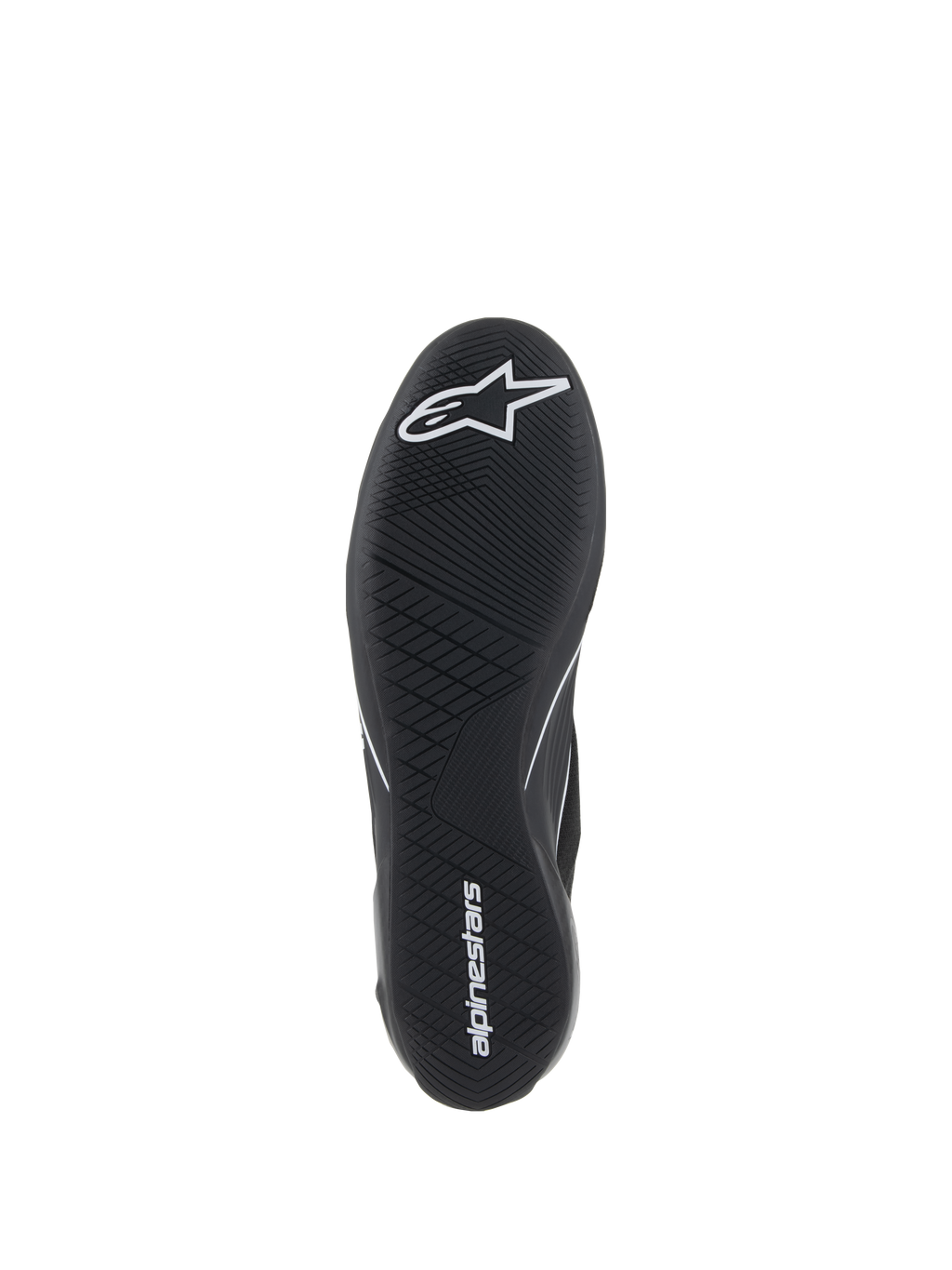 Alpinestars Supertech-skor, racingskor för bilsport, svarta, vy underifrån av den ultratunna gummiyttersulan med vit stjärnlogotyp och Alpinestars textlogotyp, med ett asymmetriskt mönster för pedalkänsla och grepp