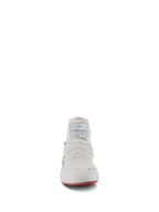 Alpinestars Supertech Shoes, Auto Racing Shoes, White Red and Black, front view featuring the knitted upper construction and FIA homologation label on the tongue, professional motorsport footwear.