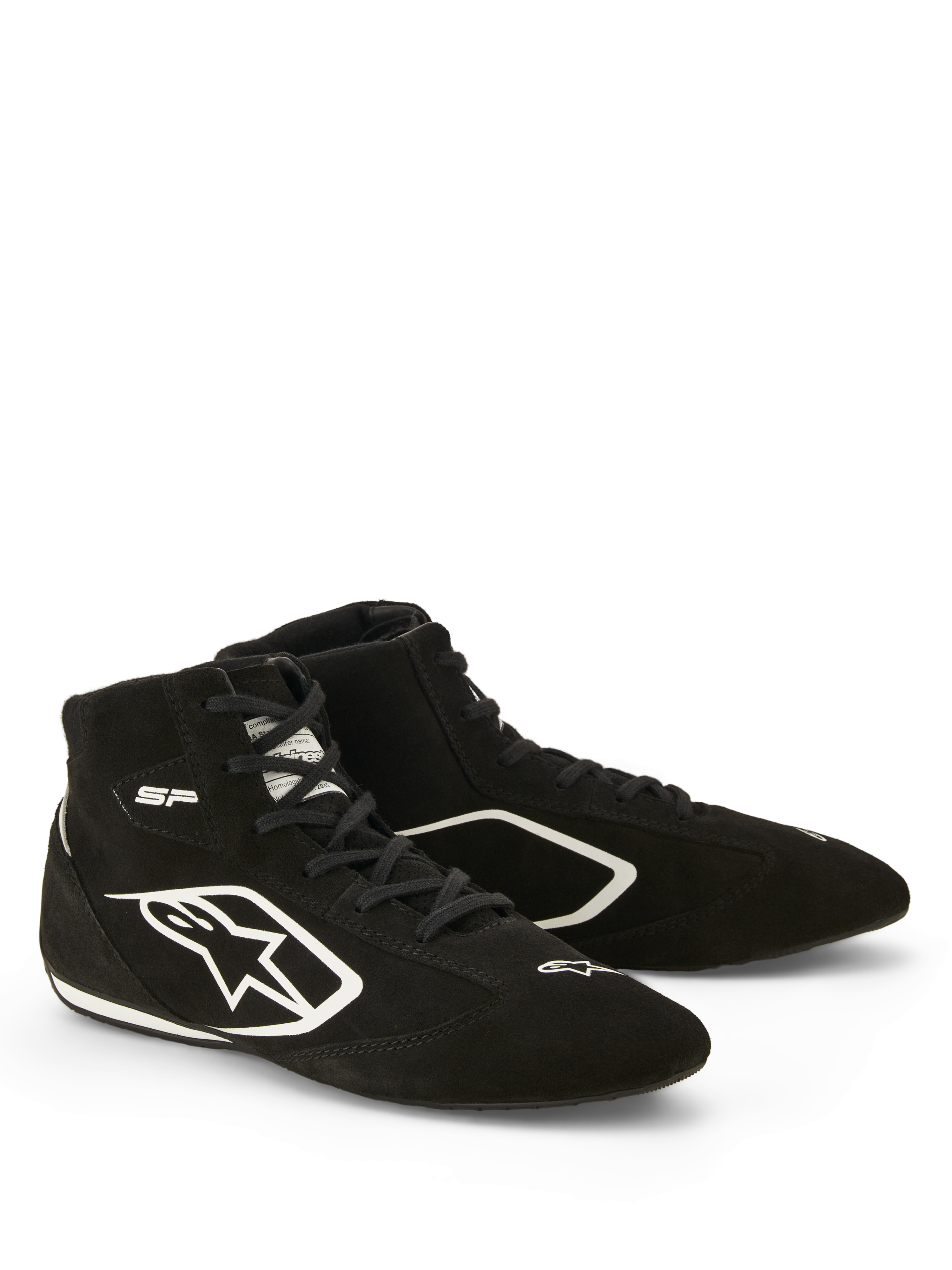 Alpinestars SP V3-skor FIA, racing-skor, svarta och vita, premium mockakonstruktion, med vit Alpinestars-logotyp på sidan och tunn racing-specifik sula för förbättrad pedalkänsla
