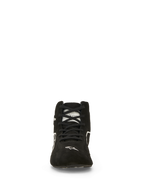 Alpinestars SP V3-skor FIA, bilracingskor, svarta och vita, vy framifrån, ovandel i premiummocka med svarta skosnören, vit Alpinestars-logotyp på tån, brandsäkra professionella motorsports skor