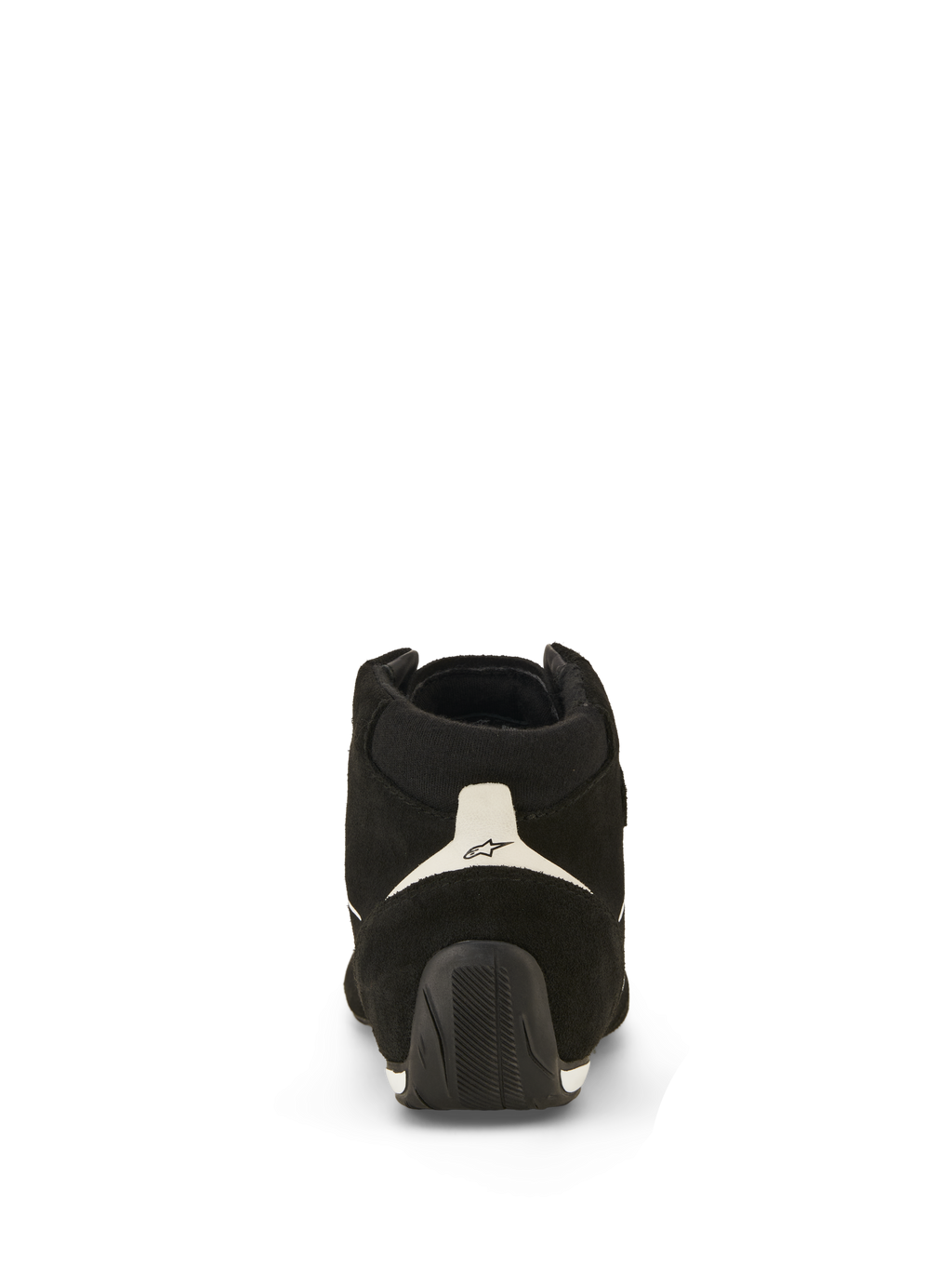Alpinestars SP V3 Skor FIA, racingskor, svart och vit, vy bakifrån med ovandel i mocka, vit hälpanel med svart logotyp och texturerad gummisula som sträcker sig upp över hälen