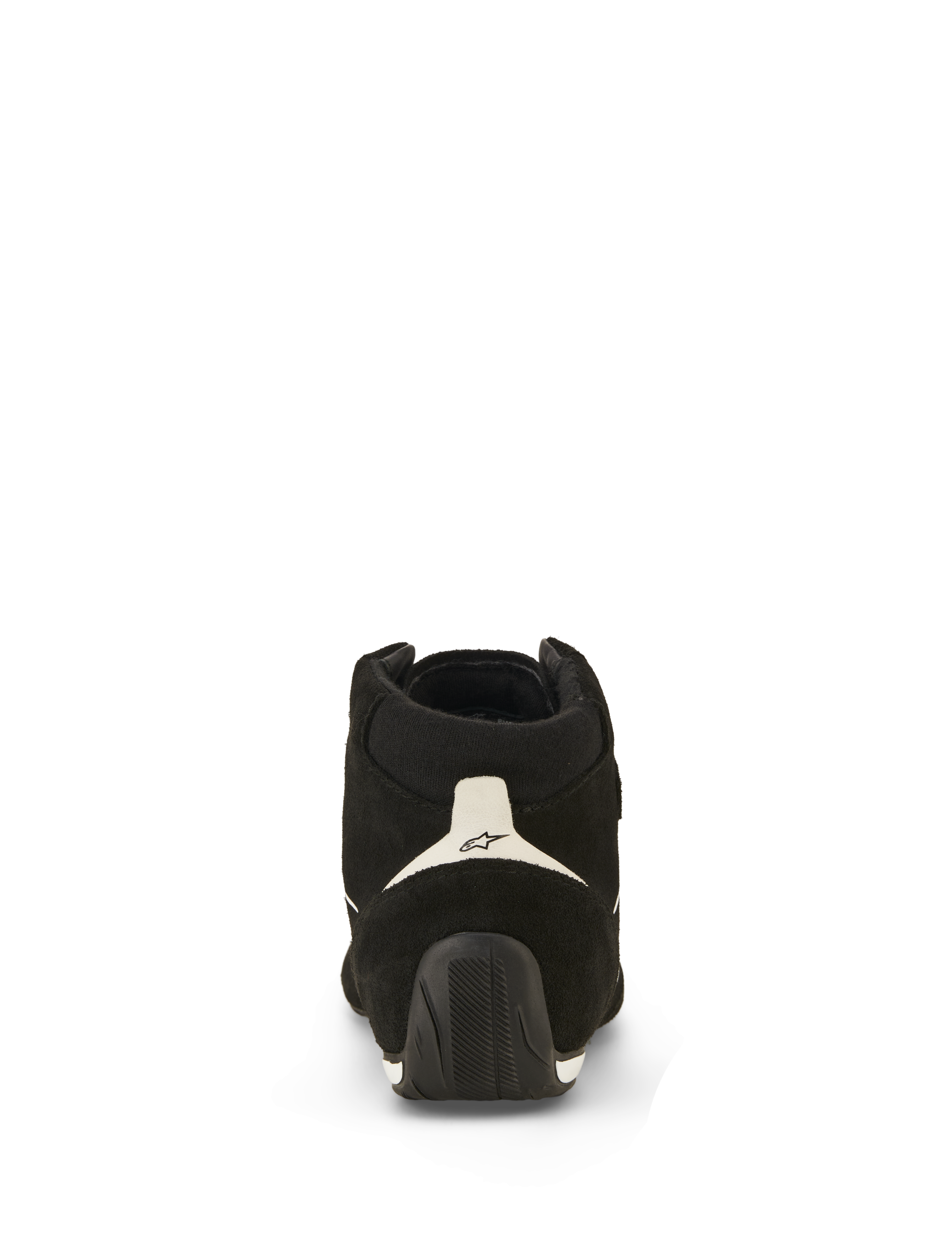 Alpinestars SP V3 Skor FIA, racingskor, svart och vit, vy bakifrån med ovandel i mocka, vit hälpanel med svart logotyp och texturerad gummisula som sträcker sig upp över hälen