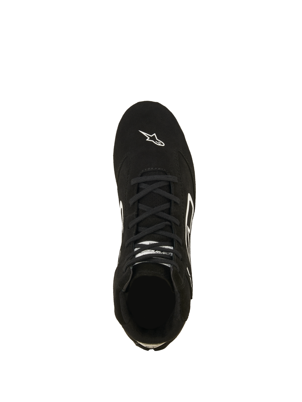Alpinestars SP V3 Skor FIA, bilsportskor, svart och vit, vy uppifrån av ovandel i premiummocka, med svarta skosnören och vit Astars-logotyp på tån, professionella brandsäkra motorsportskor