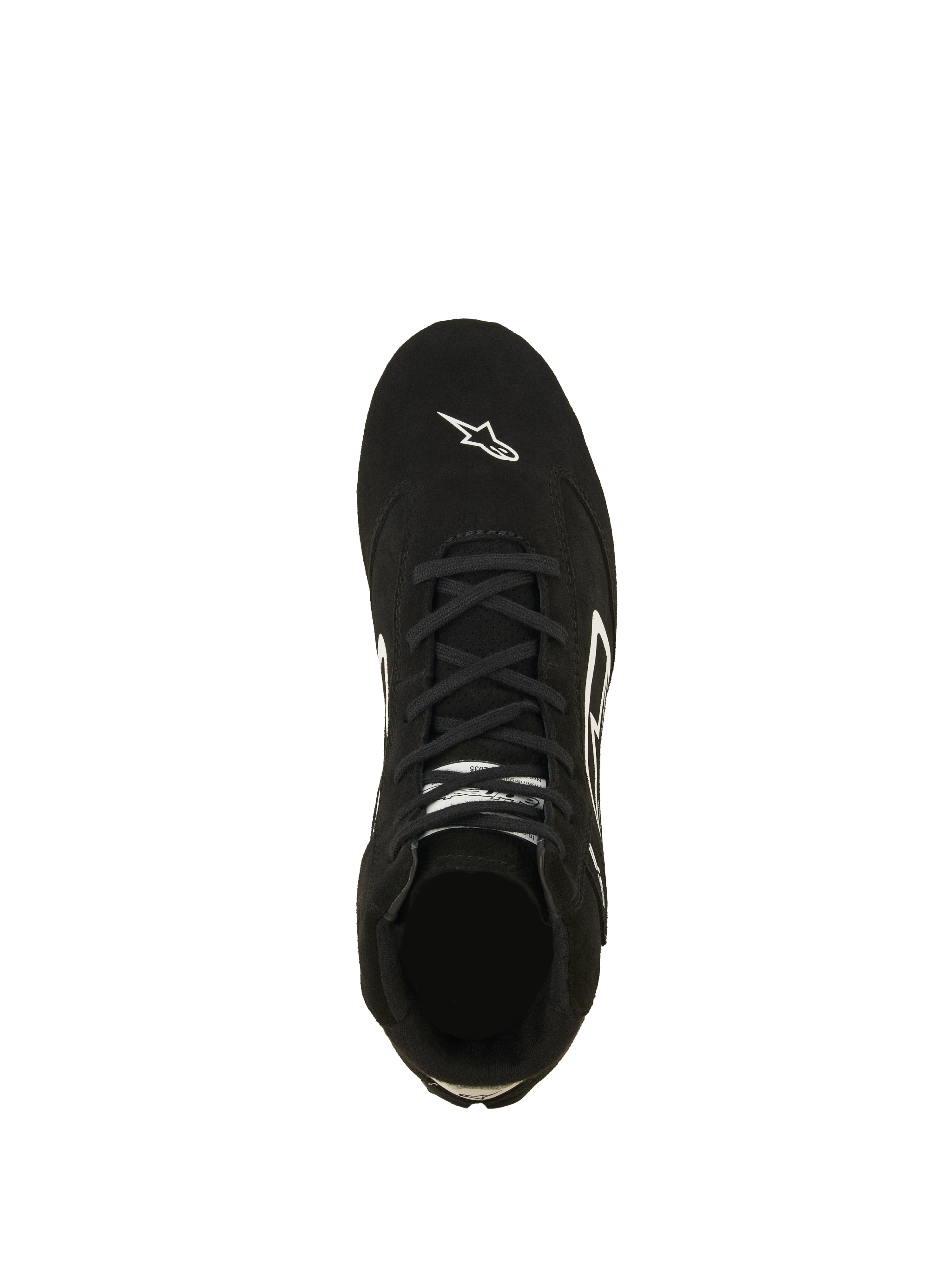 Alpinestars SP V3 Skor FIA, bilsportskor, svart och vit, vy uppifrån av ovandel i premiummocka, med svarta skosnören och vit Astars-logotyp på tån, professionella brandsäkra motorsportskor