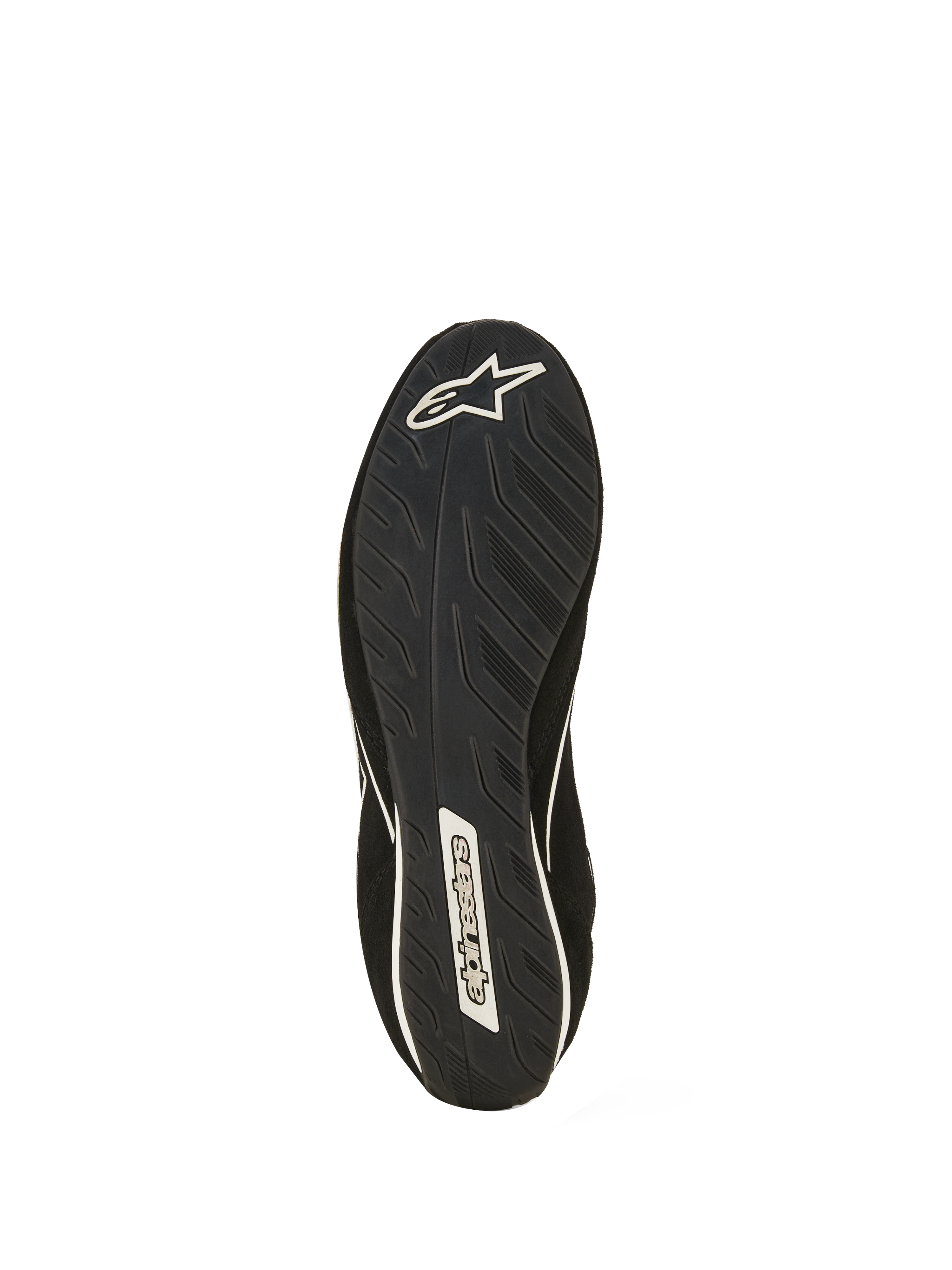 Alpinestars SP V3 Shoes FIA, vy av sulan på svart racingsko, med exklusiv gummiblandning och linjetexturerat grepp för optimal pedalkänsla, vit Alpinestars stjärnlogotyp vid hälen och ordmärke vid hålfoten