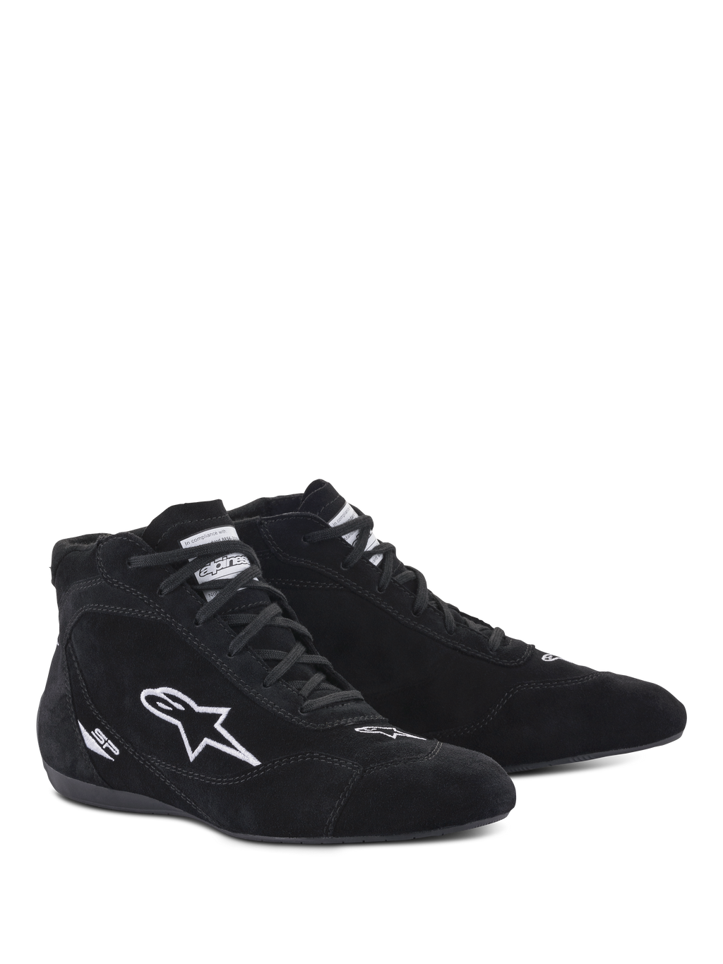 Alpinestars SP V2 Shoes, Auto Racing Shoes, Black, high-top suede design with white embroidered star logo and SP branding, thin F1-specification sole for precision pedal feel, professional motorsport footwear