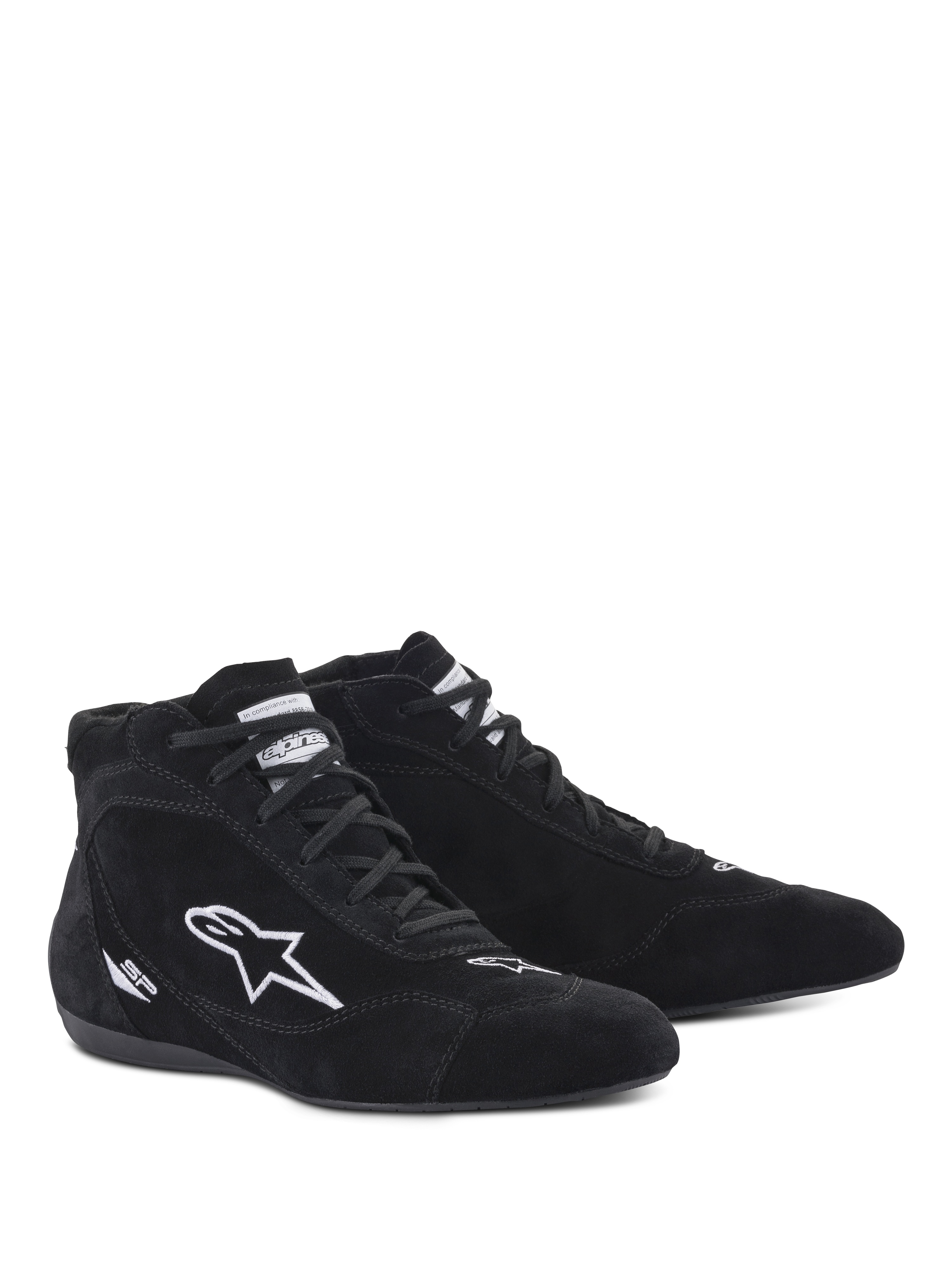 Alpinestars SP V2 Shoes, Auto Racing Shoes, Black, high-top suede design with white embroidered star logo and SP branding, thin F1-specification sole for precision pedal feel, professional motorsport footwear