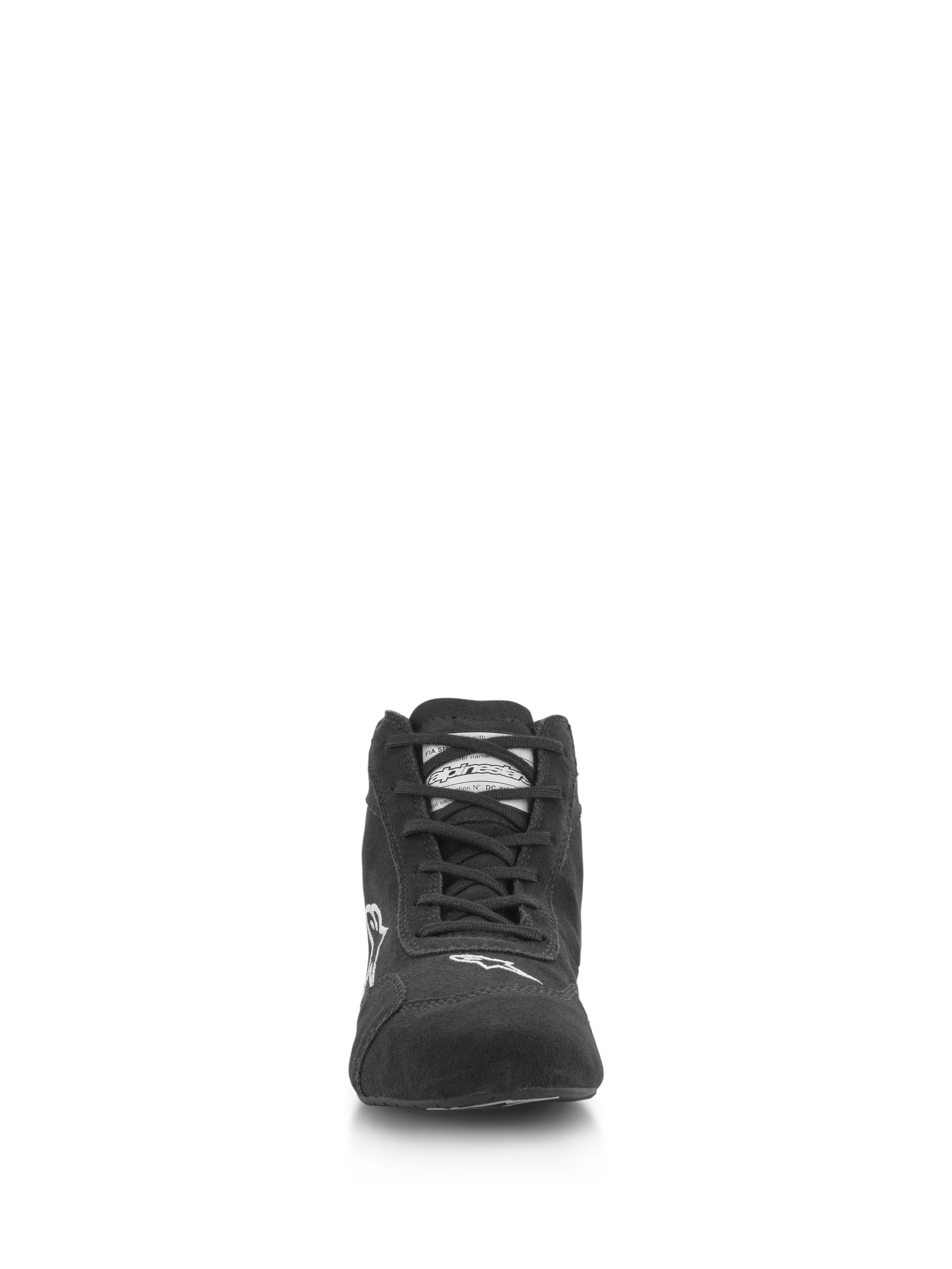 Alpinestars SP V2 Shoes, Auto Racing Shoes, Black, Front view featuring premium suede upper, asymmetric lacing system, white Alpinestars logo on the toe, professional motorsport footwear