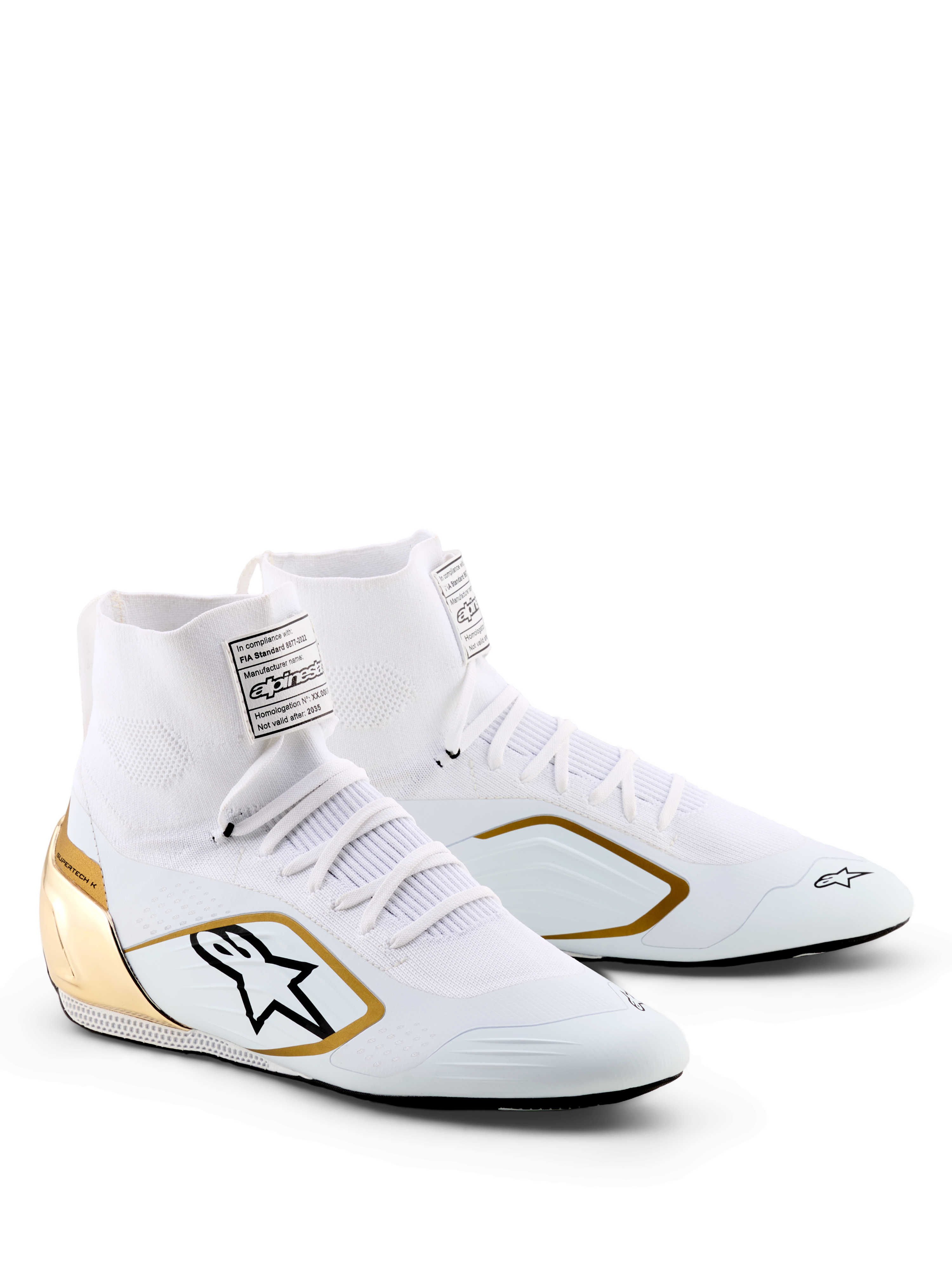 Alpinestars Supertech K Shoes - FIA, Karting Shoes, White Black and Gold, featuring a knitted upper, metallic gold heel counter, black Alpinestars logo with gold border, professional racing footwear for karting