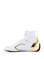 Alpinestars Supertech K Shoes - FIA, Karting Shoes, White and Gold, side profile featuring a white knitted upper with a metallic gold injected TPU heel counter and gold side accents, sleek racing design for professional motorsport