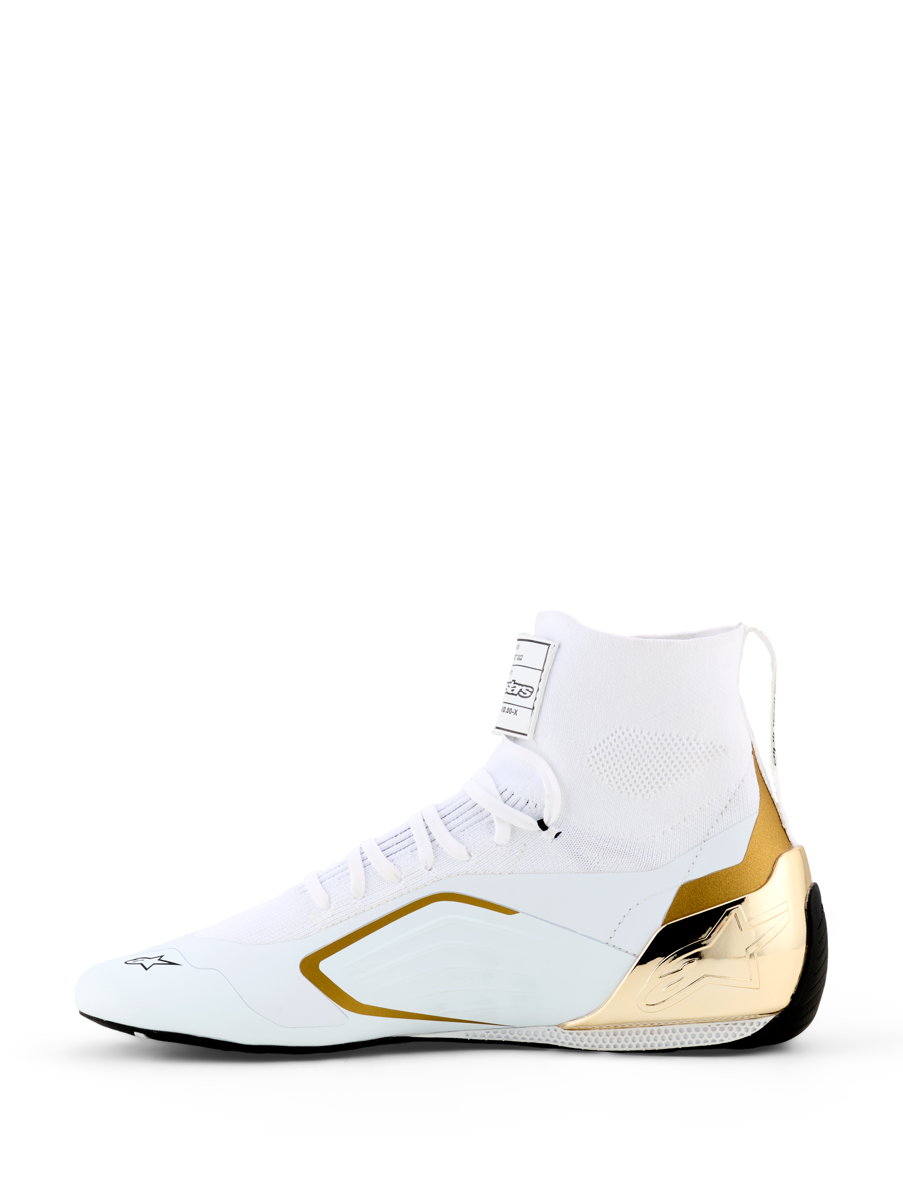 Alpinestars Supertech K Shoes - FIA, Karting Shoes, White and Gold, side profile featuring a white knitted upper with a metallic gold injected TPU heel counter and gold side accents, sleek racing design for professional motorsport