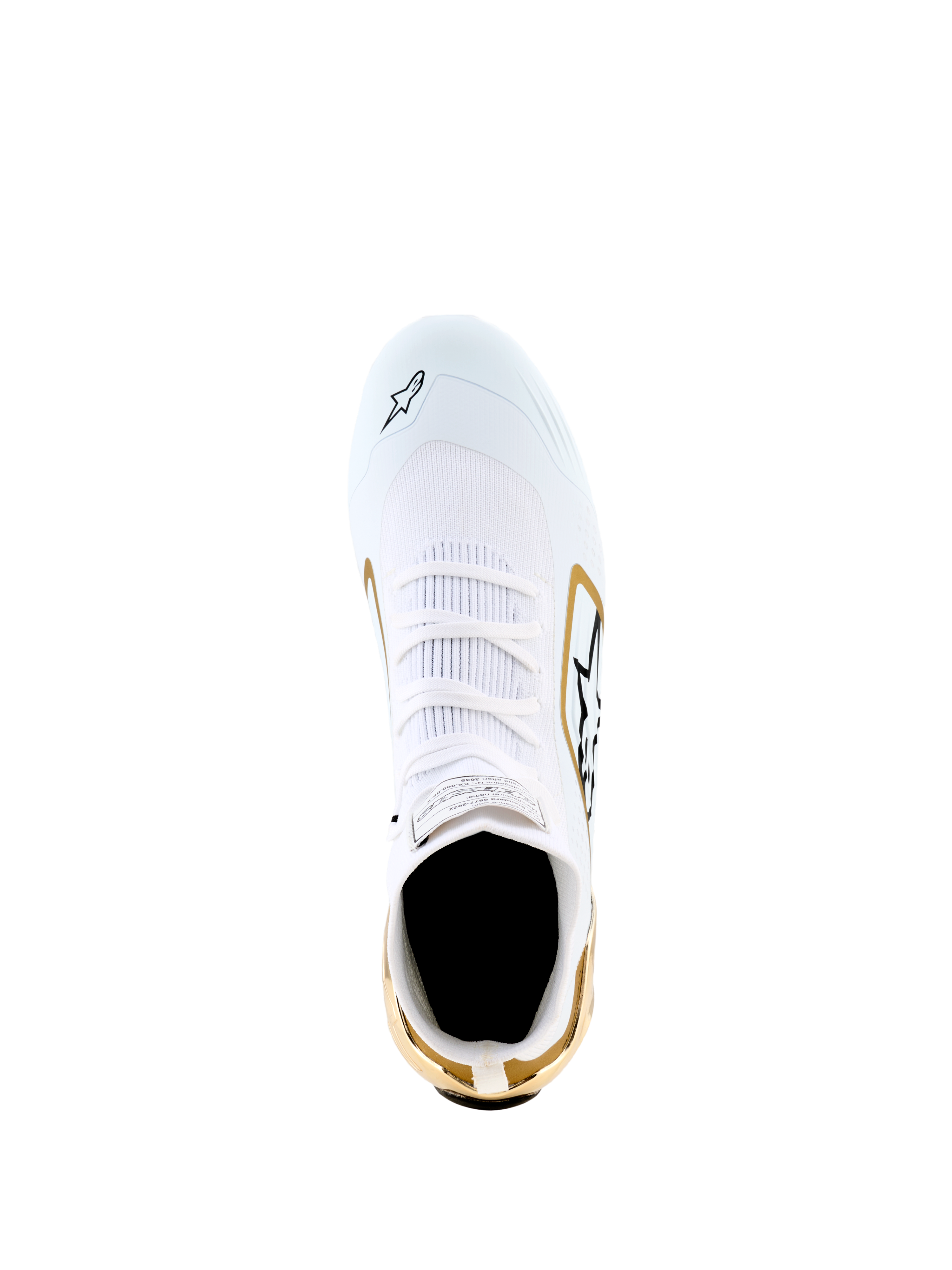 Alpinestars Supertech K Shoes - FIA, White Black Gold, top-down view showing the white knitted upper with gold accents on the heel and sides, black logo detailing, high-performance karting footwear