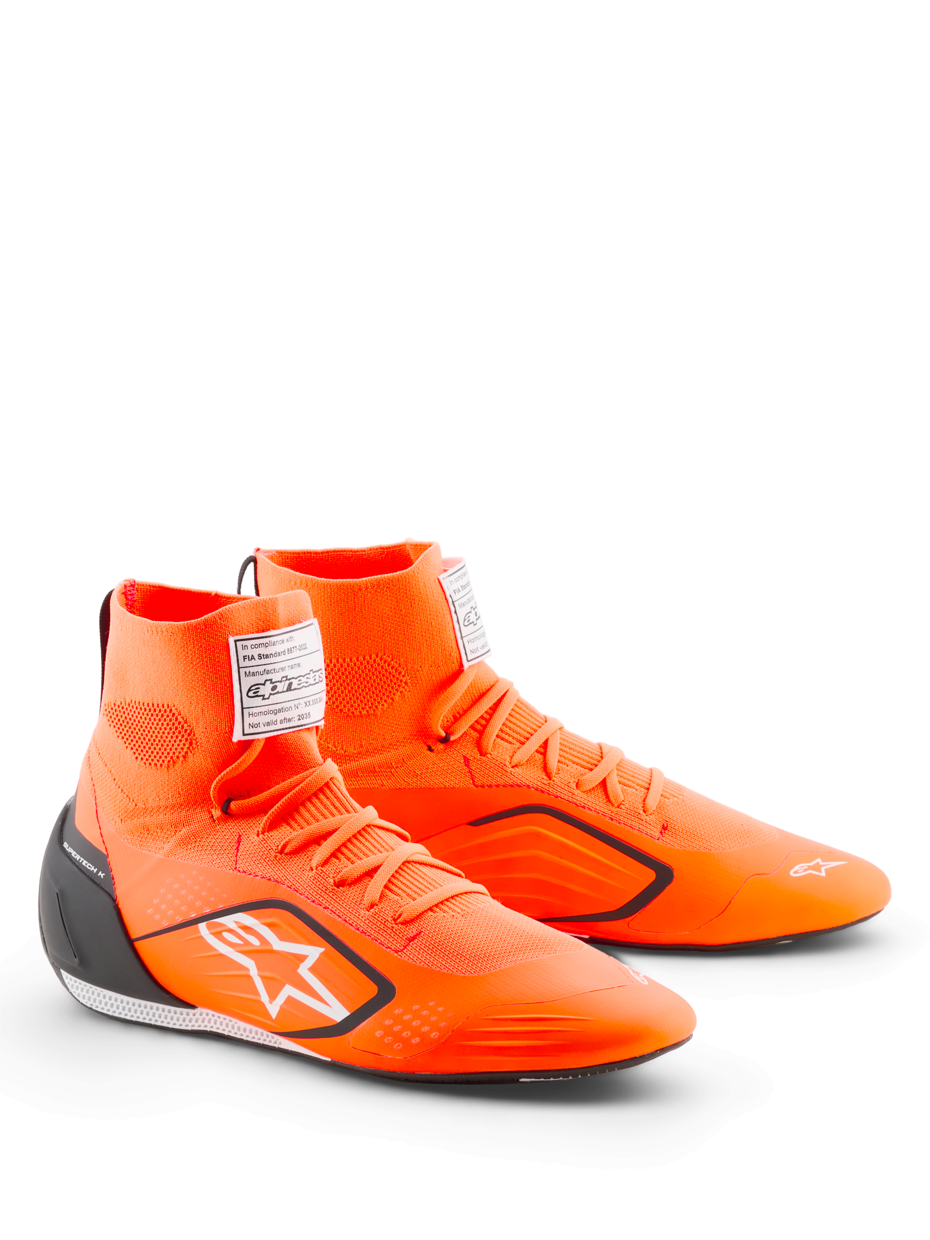 Alpinestars Supertech K Shoes - FIA, Karting Shoes, Orange Fluo Black and White, featuring a high-top knitted upper, black TPU heel counter, white Alpinestars logo, and FIA certification label on the tongue area