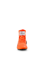 Alpinestars Supertech K Shoes - FIA, Karting Shoes, Orange Fluo, front view featuring a knitted upper with matching orange laces, white FIA certification label on the tongue, and a small white star logo on the toe