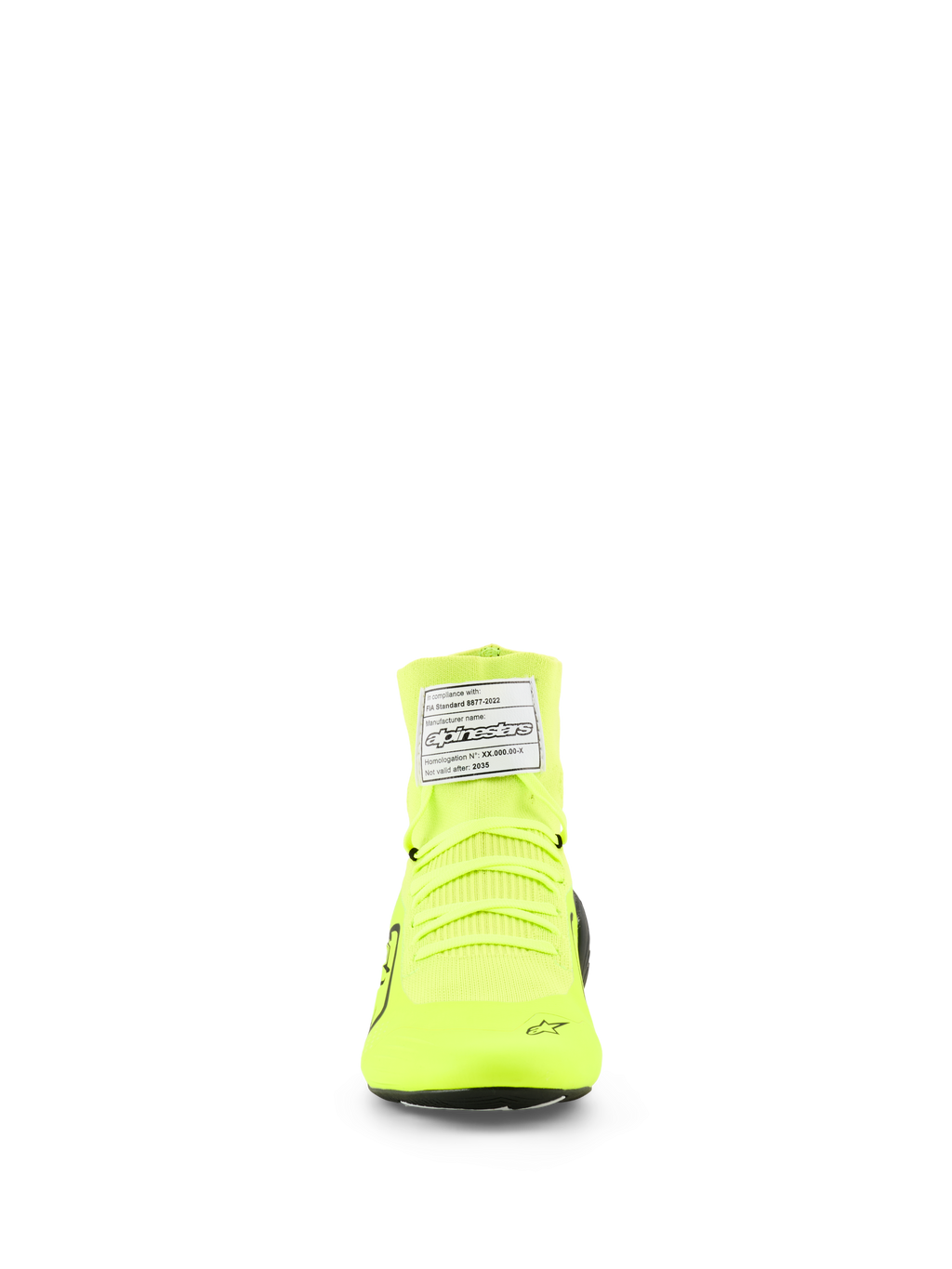 Alpinestars Supertech K Shoes, FIA Karting Shoes, Yellow Fluo Black White, front view showing knitted upper construction, neon yellow laces, and white FIA certification tag on the ankle