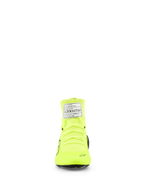 Alpinestars Supertech K Shoes, FIA Karting Shoes, Yellow Fluo Black White, front view showing knitted upper construction, neon yellow laces, and white FIA certification tag on the ankle