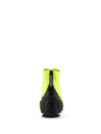 Alpinestars Supertech K Shoes - FIA, Karting Racing Shoes, Yellow Fluo and Black, rear view showing black injected TPU heel counter and pull tab with Alpinestars branding, knitted upper construction, thin rubber outsole designed for racing performance.