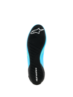 Alpinestars Supertech K Shoes - FIA, Karting Shoes, Light Blue and Black with Yellow Fluo accents, bottom view of the ultra-thin rubber outsole featuring an asymmetric tread and Alpinestars branding