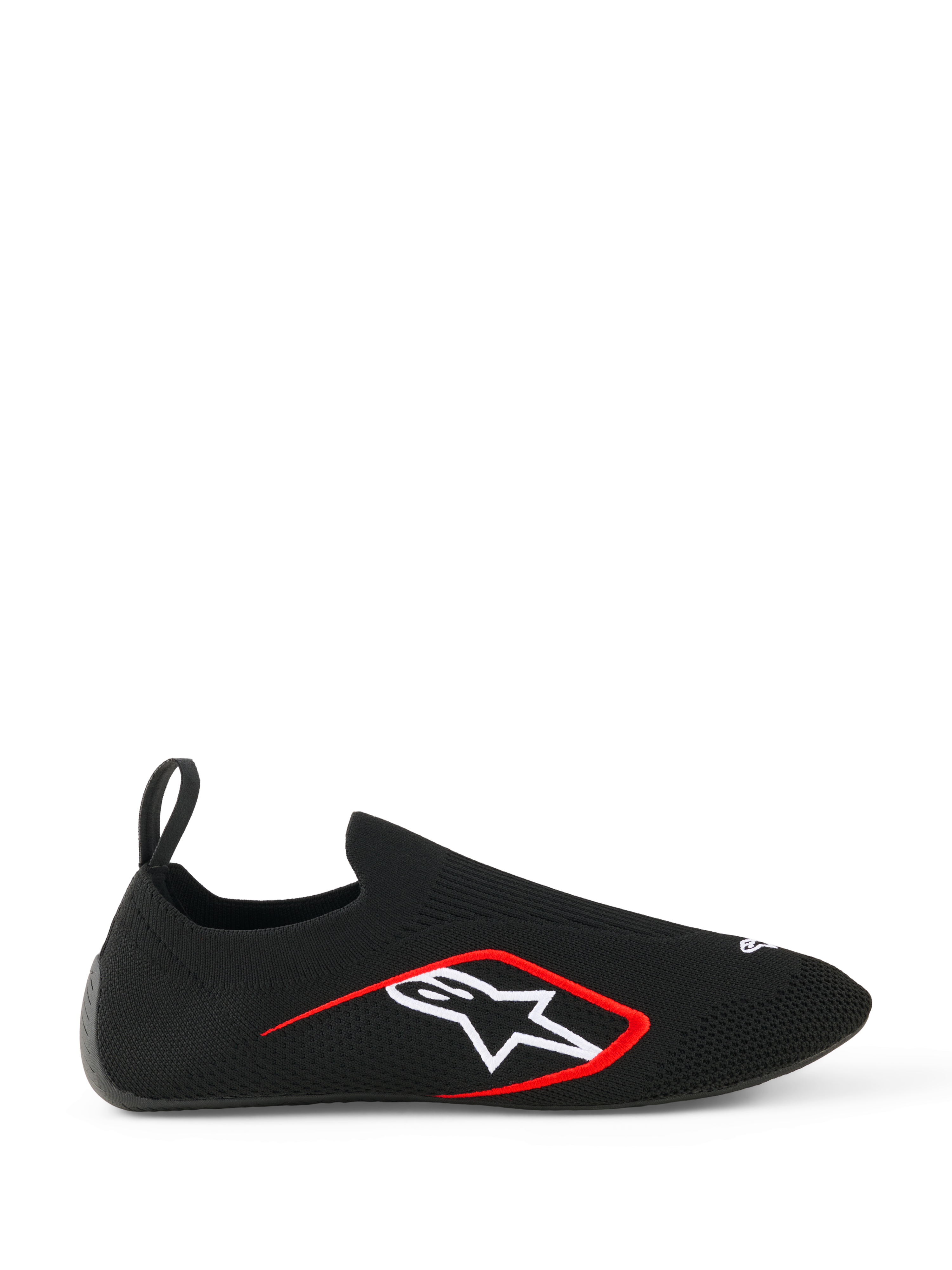 Alpinestars Tech Gaming Shoes, sim-racingskor, svarta, sidoprofil som visar sömlös stickad stretchovandel, vit Alpinestars-stjärnlogotyp med röd kant, dragflik baktill, strumpliknande passform för virtuell racing