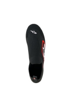 Alpinestars Tech Gaming Shoes, sim-racingskor, svarta, vy uppifrån, sömlös stickad stretchöverdel med vit Astar-logotyp på tån, logotyp med röd kant på sidan, lätt strumpliknande design