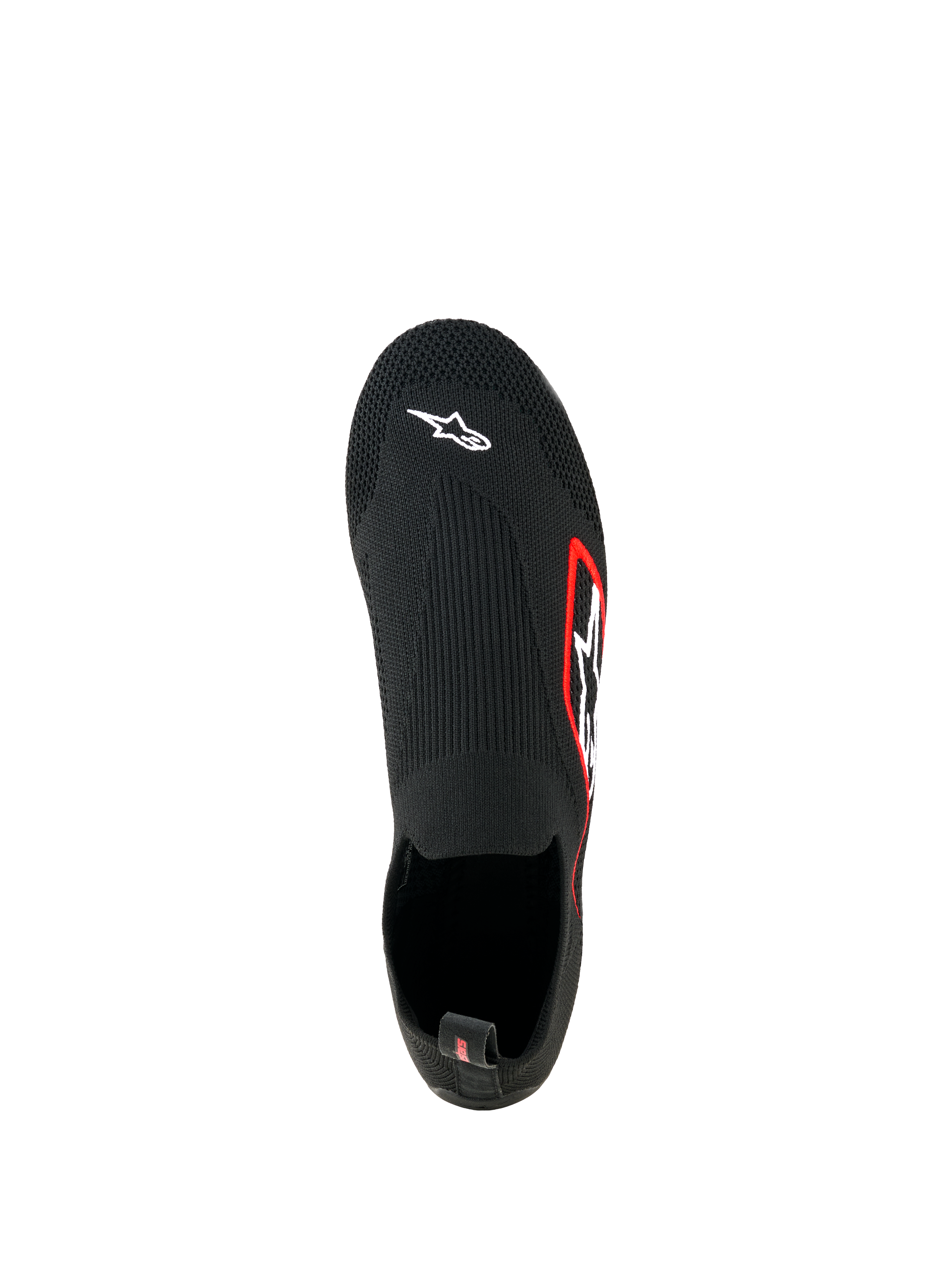 Alpinestars Tech Gaming Shoes, sim-racingskor, svarta, vy uppifrån, sömlös stickad stretchöverdel med vit Astar-logotyp på tån, logotyp med röd kant på sidan, lätt strumpliknande design