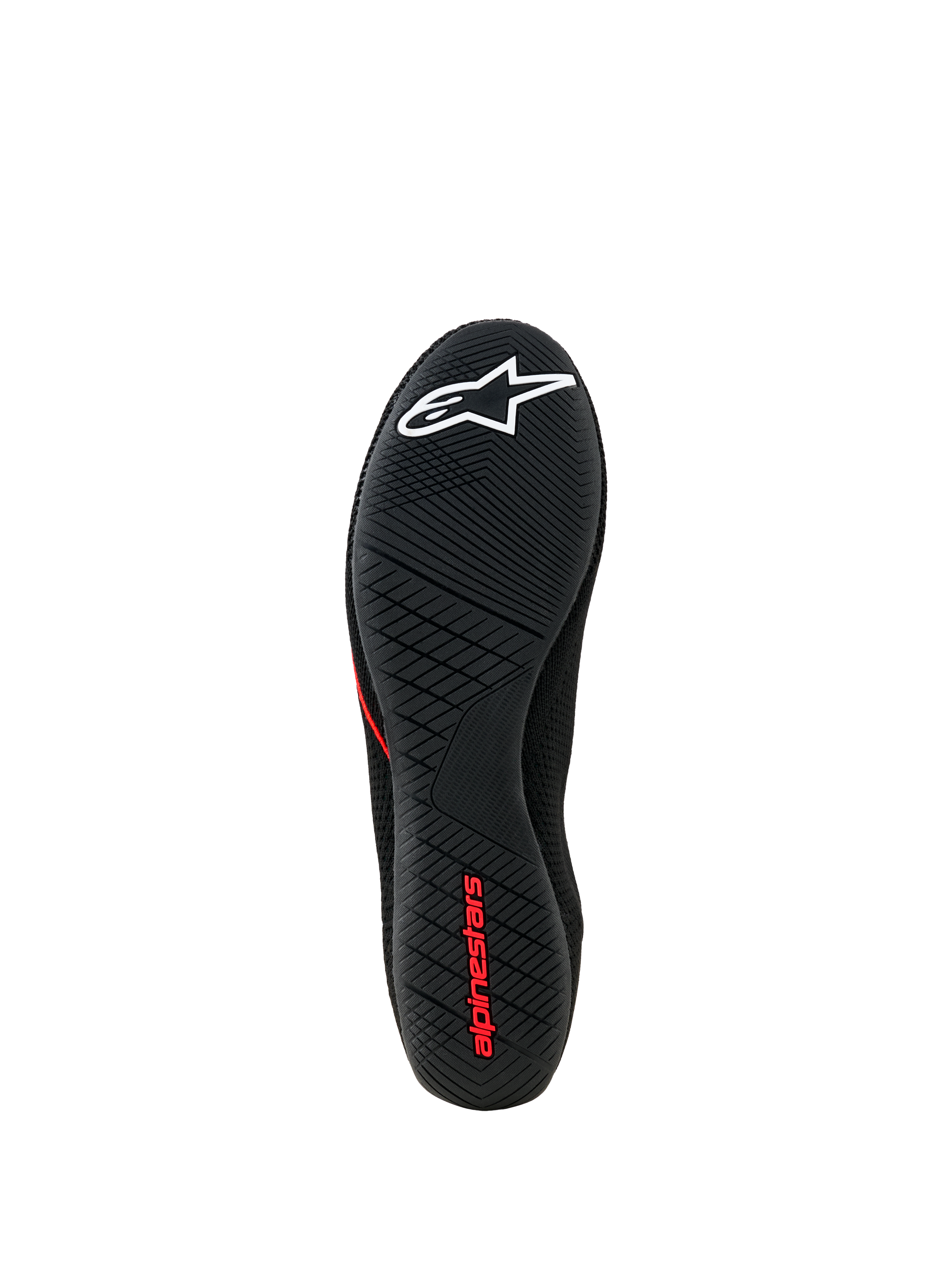 Alpinestars Tech Gaming-skor, vy av yttersulan, svart ultratunn gummisula med texturerat greppmönster, vit stjärnlogotyp och röd Alpinestars-logotyp, SIM-racingskor