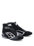 Alpinestars SP+ Shoes N, Auto Racing Footwear, Black and White, featuring a large white star logo, high-top design with ankle strap, suede and leather construction, and a thin performance sole