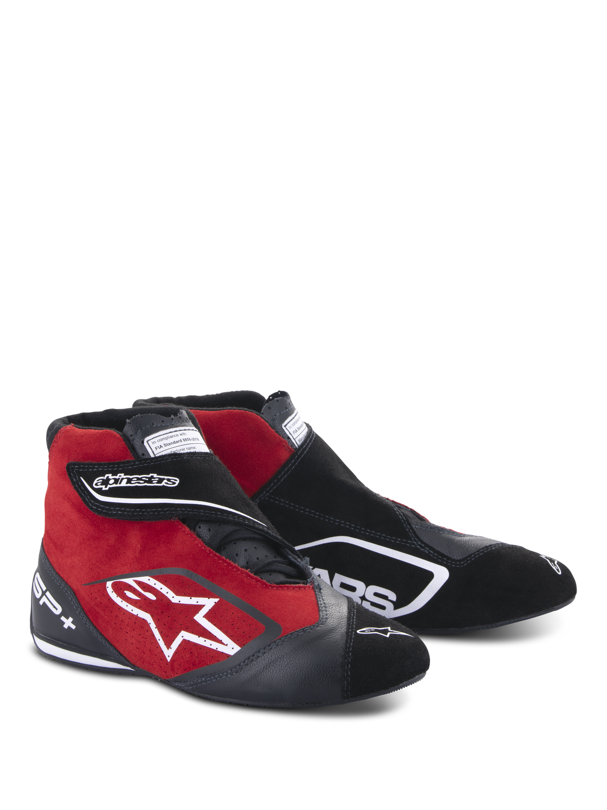 Alpinestars SP+ skor, racingskor med högt skaft, svarta och röda, tillverkade i mocka och läder, vit stjärnlogotyp på sidan, justerbart kardborreband, professionella motorsportskor med ankelstöd
