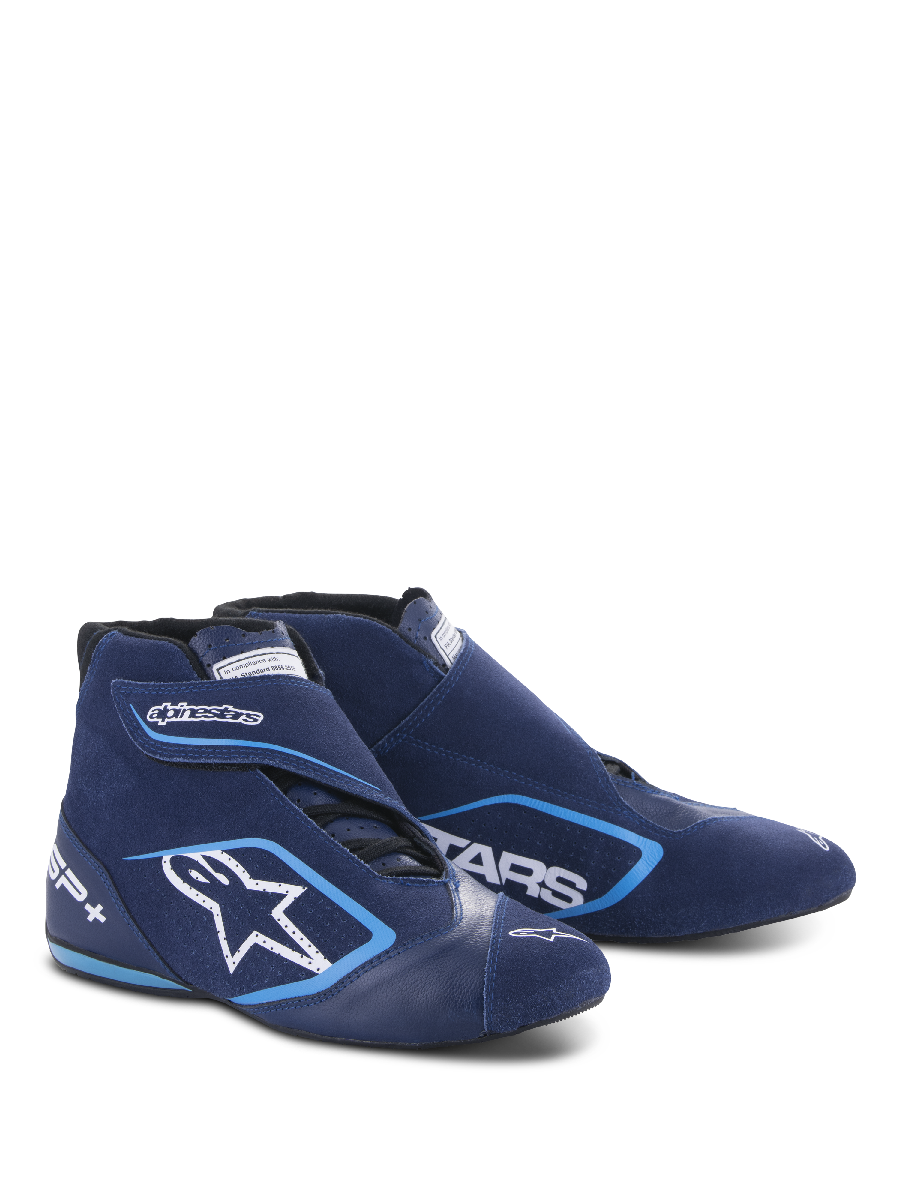 Alpinestars SP+ Shoes N, Auto Racing Shoes, Ultramarine Blue and Light Blue, high-top design with suede and leather construction, featuring a large white star logo and SP+ branding, aerodynamic shape for professional motorsport.