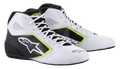 Alpinestars Tech-1 K Start V2-skor, kartingskor, vita, svarta och neongula, med perforerade sidopaneler, stor vit stjärnlogotyp och neongula detaljer, professionella motorsportskor