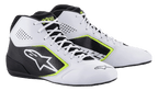 Alpinestars Tech-1 K Start V2-skor, kartingskor, vita, svarta och neongula, med perforerade sidopaneler, stor vit stjärnlogotyp och neongula detaljer, professionella motorsportskor