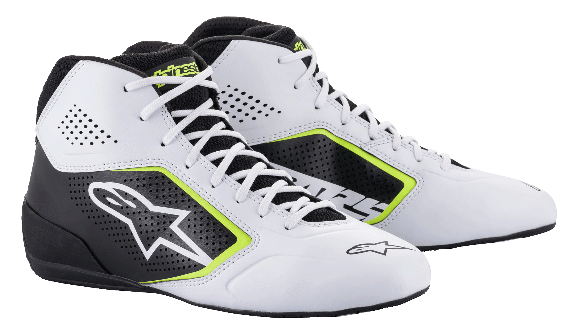 Alpinestars Tech-1 K Start V2-skor, kartingskor, vita, svarta och neongula, med perforerade sidopaneler, stor vit stjärnlogotyp och neongula detaljer, professionella motorsportskor