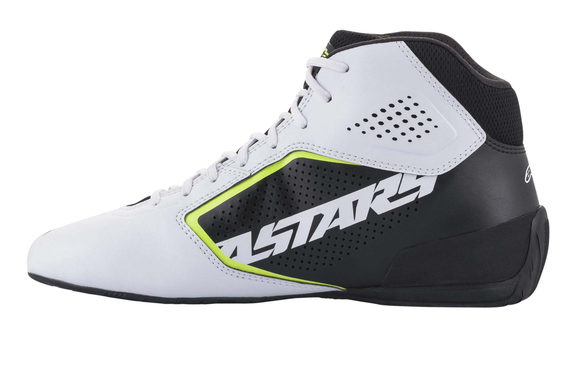 Alpinestars Tech-1 K Start V2-skor, kartingskor, vit, svart och neongul, sidovy med en perforerad ovandel i vit mikrofiber, svart sidopanel med framträdande ASTARS-logotyp, neongula detaljer och en strömlinjeformad svart sula.