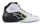 Alpinestars Tech-1 K Start V2-skor, kartingskor, vit, svart och gul fluo, sidoprofil med perforerade mikrofiberpaneler, vit Alpinestars-logotyp med fluorescerande gul kant, strömlinjeformad motorsportdesign för karting