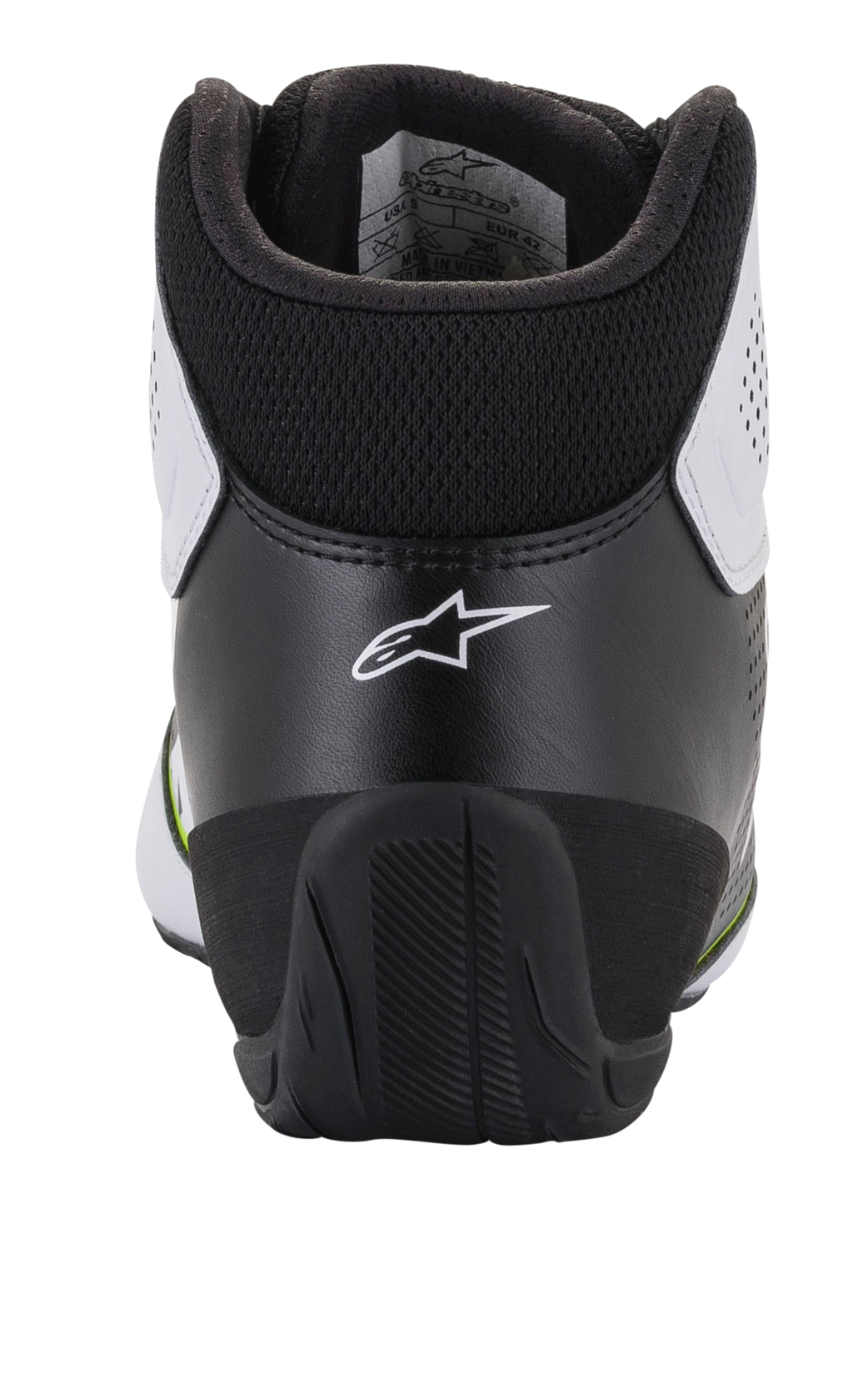 Alpinestars Tech-1 K Start V2-skor, kartingskor, vit, svart och gul fluo, vy bakifrån som visar ergonomisk svart hälkappa med vit stjärnlogotyp, vadderad krage och slitstark yttersula i gummi för motorsportprestanda