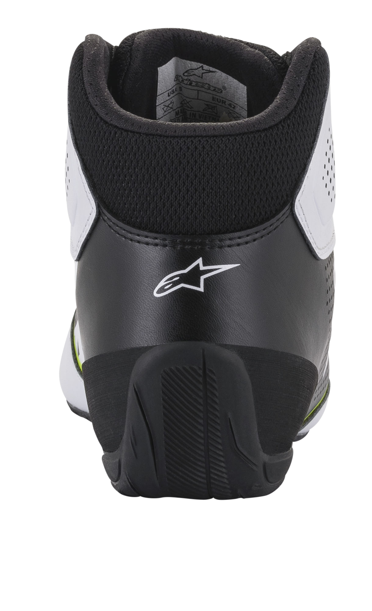Alpinestars Tech-1 K Start V2-skor, kartingskor, vit, svart och gul fluo, vy bakifrån som visar ergonomisk svart hälkappa med vit stjärnlogotyp, vadderad krage och slitstark yttersula i gummi för motorsportprestanda