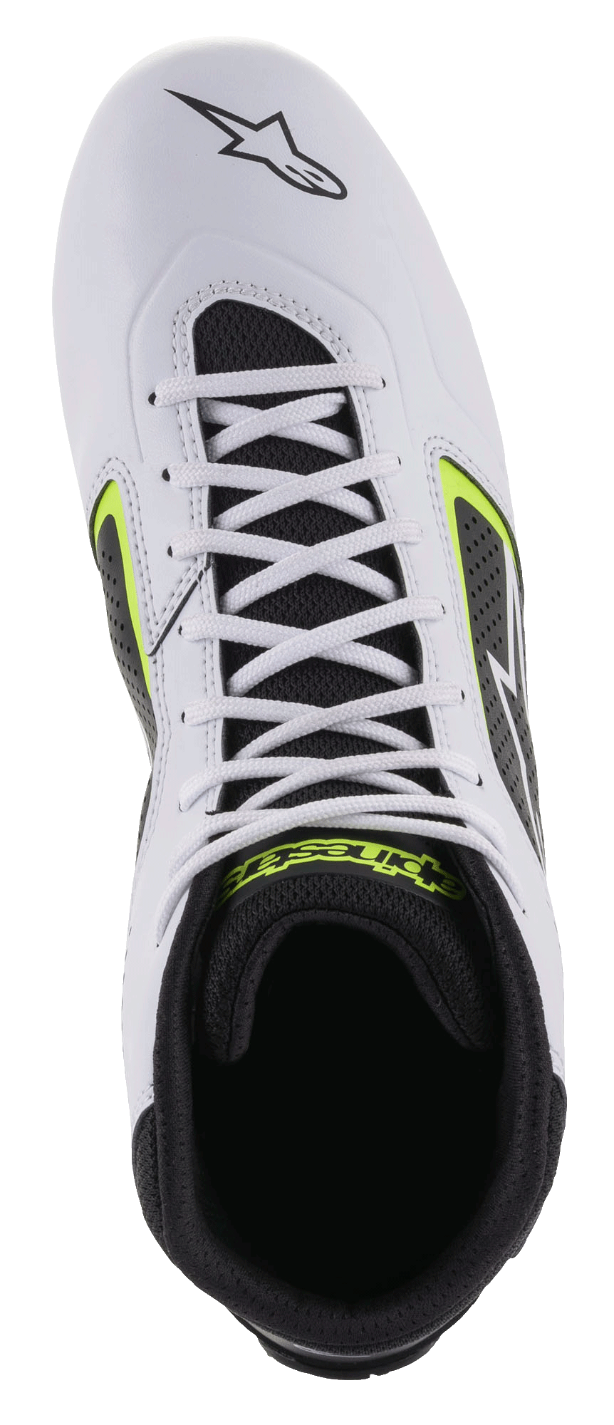 Alpinestars Tech-1 K Start V2-skor, kartingskor, vit, svart och neon gul, vy uppifrån som visar vit ovandel i mikrofiber, vita skosnören och svart mesh-interiör med gul logotyp