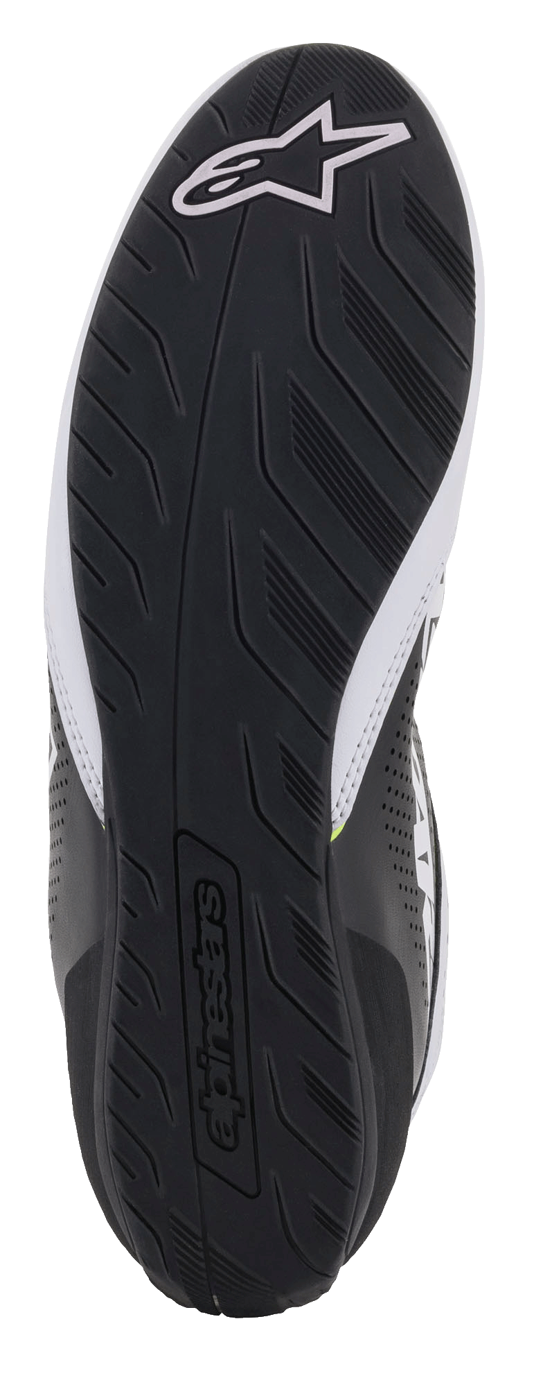 Alpinestars Tech-1 K Start V2-skor, vy av svart gummisula, mönstrat slitbanemönster för grepp, med en vit Alpinestars-logotyp och präglat ordmärke, kartingskor.