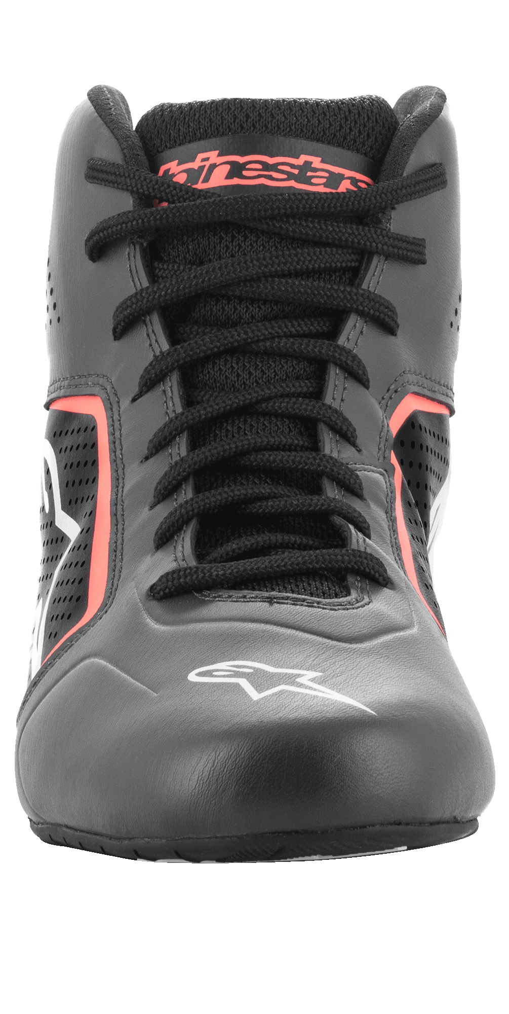 Alpinestars Tech-1 K Start V2-skor, kartingskor, Asphalt Black och Orange Fluo, vy framifrån som visar svarta skosnören, orange Alpinestars-logotyp på plösen, vit stjärnlogotyp på tån och perforerade mikrofiberpaneler