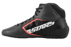 Alpinestars Tech-1 K Start V2-skor, kartingskor, Asphalt Black och Orange Fluo, sidoprofil med stor vit ASTARS-logotyp, perforerad ovandel i mikrofiber med orange fluorescerande accenter, stilren motorsportdesign