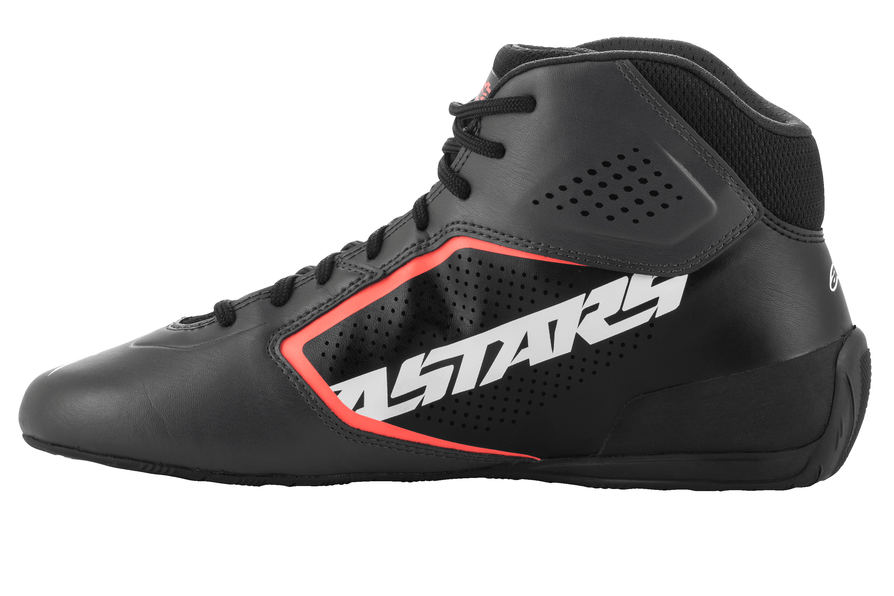 Alpinestars Tech-1 K Start V2-skor, kartingskor, Asphalt Black och Orange Fluo, sidoprofil med stor vit ASTARS-logotyp, perforerad ovandel i mikrofiber med orange fluorescerande accenter, stilren motorsportdesign