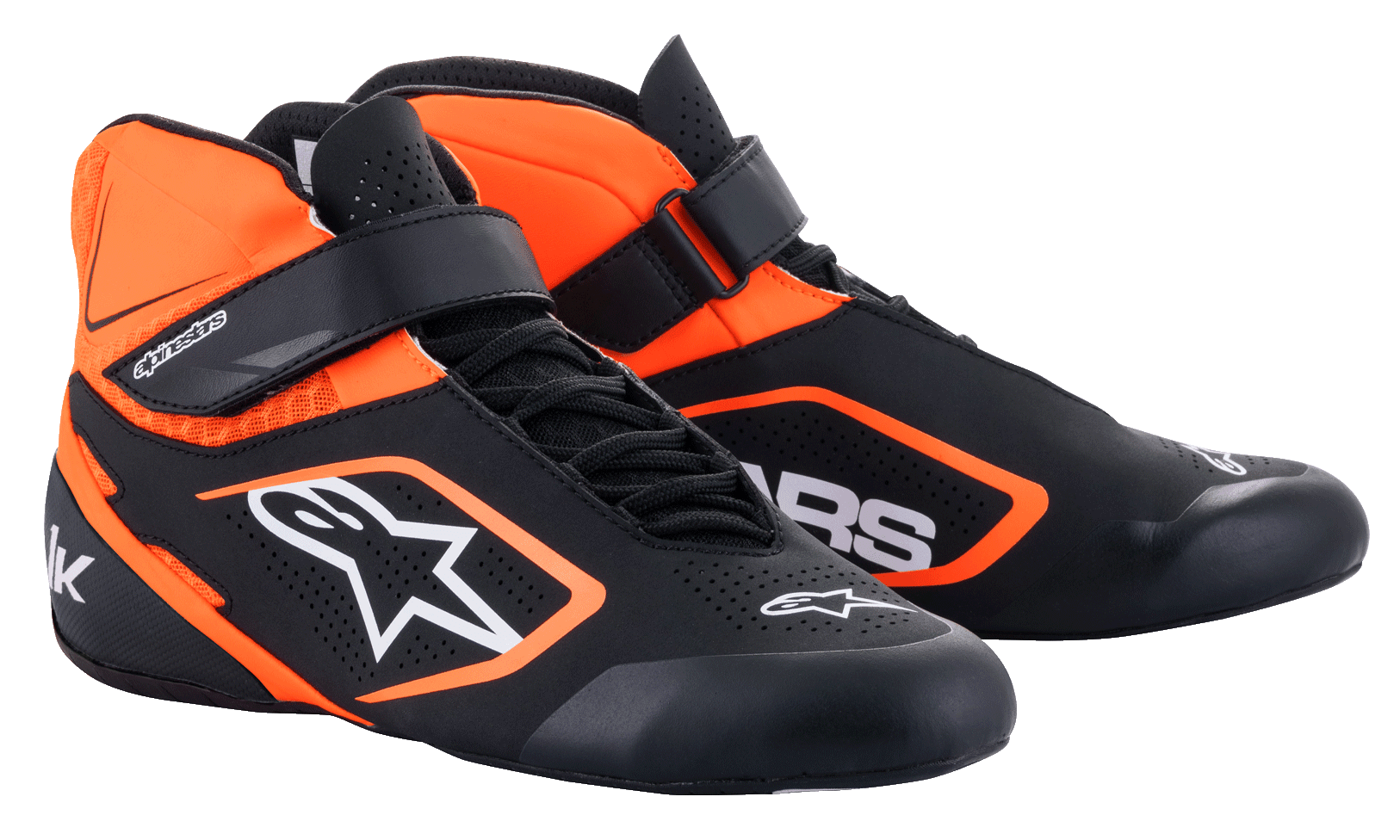 Alpinestars Youth Tech-1 K V2 Shoes, Karting Footwear, Black and Orange Fluo with White accents, high-top racing shoes featuring a dual closure system with laces and a Velcro strap, perforated microfiber construction, and bold white logo branding.