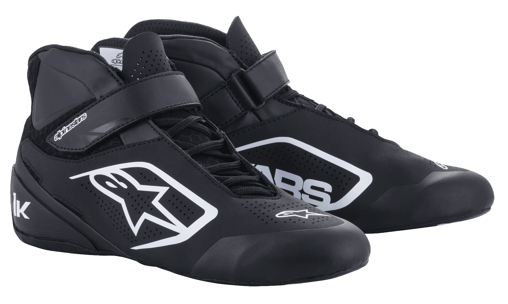 Alpinestars Tech-1 K V2 AND Youth Tech-1 K V2 Karting Shoes, Black and White, perforated nubuck microfiber with straps.